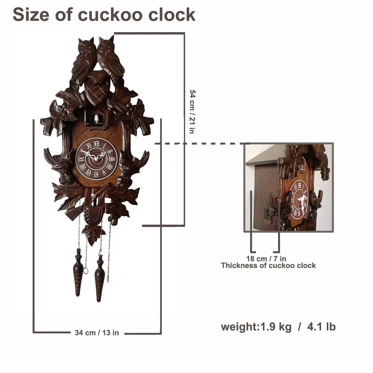 Ninefish Deep Chestnut 21x13 Dual Owl Roof Decorative Cuckoo Clock: Uniquely Beautiful, Illuminate Your Home! Night Mode, Quartz Movement, and Automatic Light Sensor Perfectly Integrated! Ninefish