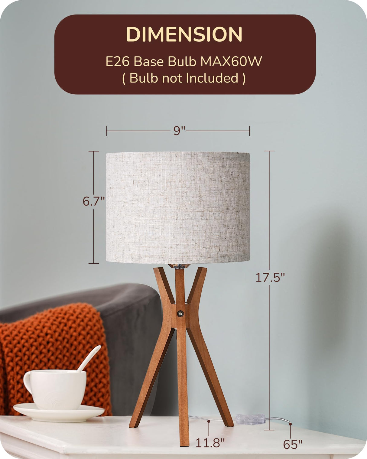 EDISHINE Mid Century Table Lamp, 17.5" Tripod Bedside Lamp with Deep Wood Color Light Base & Beige Linen Lampshade, Nightstand Lamp for Bedroom, Living Room, Reading Room, E26 Base EDISHINE