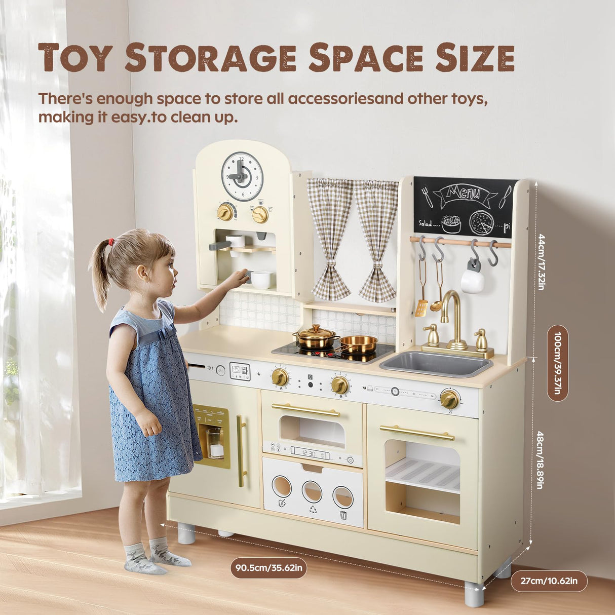 EDUBEBO Kids Kitchen playset, Wooden Play Kitchen, Height Adjustable, Comes with Various Kitchen Accessories, Ideal Role Play Toy Gift for Toddlers and Kids Ages 3-8 (White) EDUBEBO