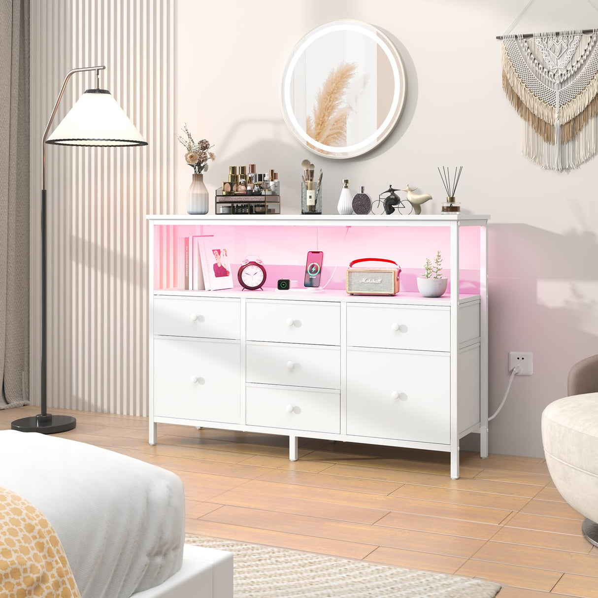 Yoobure LED TV Stand for Bedroom, 50 Inch Kids Dresser with Power Outlets, 7 Drawers Entertainment Center with Storage Shelf, TV Stands Dresser for Bedroom, Living Room, TV Console Entertainment Stand Yoobure