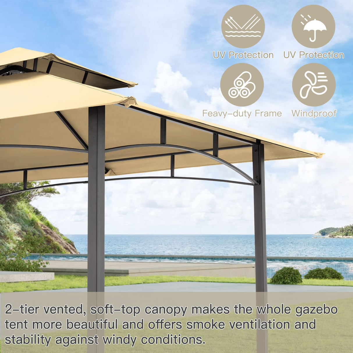 AECOJOY 8' x 5' Outdoor Grill Gazebo Canopy, BBQ Canopy for Outdoor Grill, 2- Tier BBQ Gazebo Shelter for Patio, Backyard and More (Beige) AECOJOY