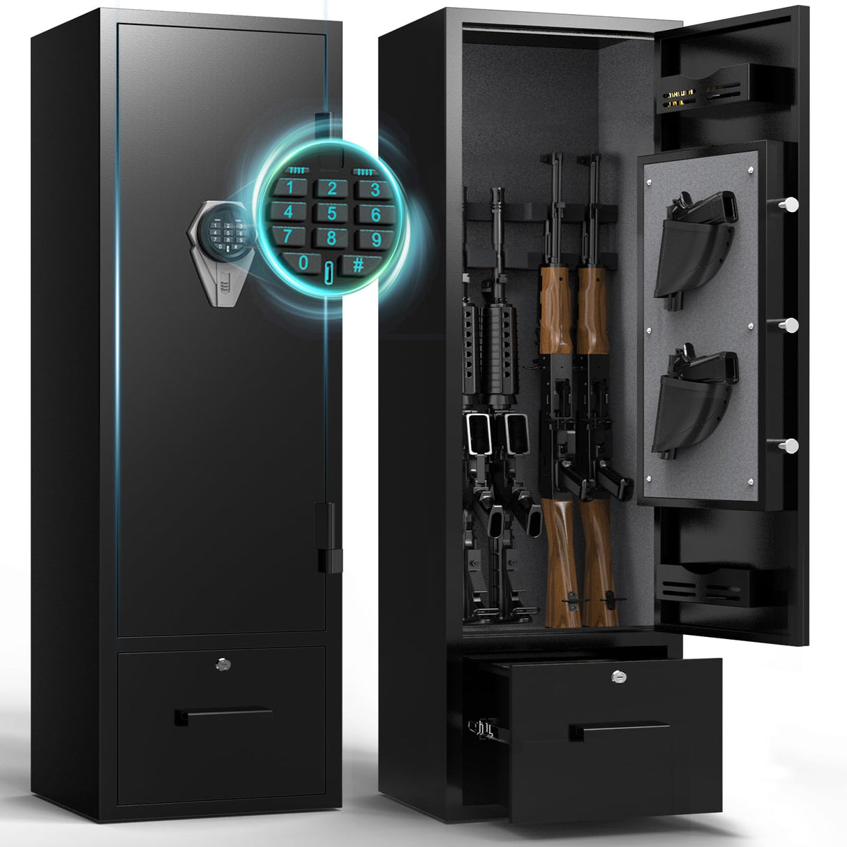 Gun Safes, Drawer Gun Safe, Gun Cabinets for Rifles and Shotguns, Rifle Safes for Home, Quick Access Rifle Safe with Dual Alarm & Mute Mode, Shotgun Safe with 2 Movable Gun Racks, Pistol Pockets, LED Marcree