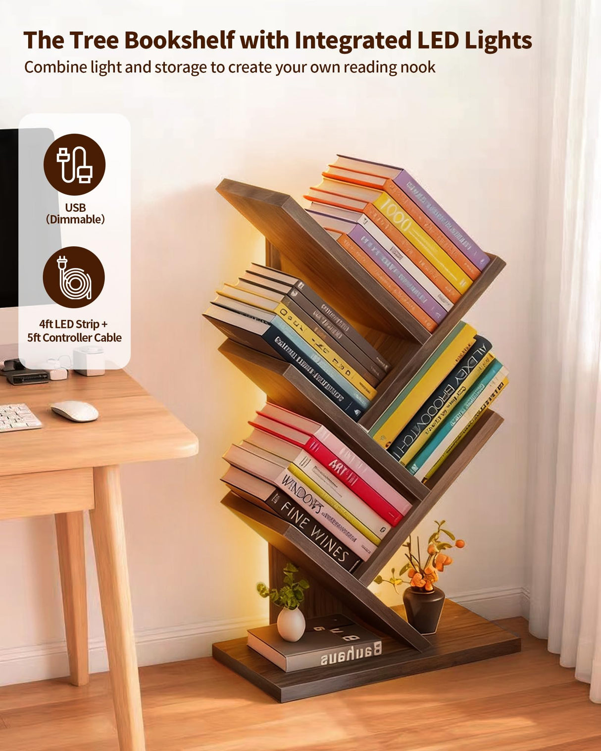 Godferyxin Tree Bookshelf with Liting,Small Bookshelf LED and Desktop Book Shelf for Office, Home or School Mini Bookcase for Wood Displaying Books, CDs, Magazines Wood Shelf Rack Godferyxin