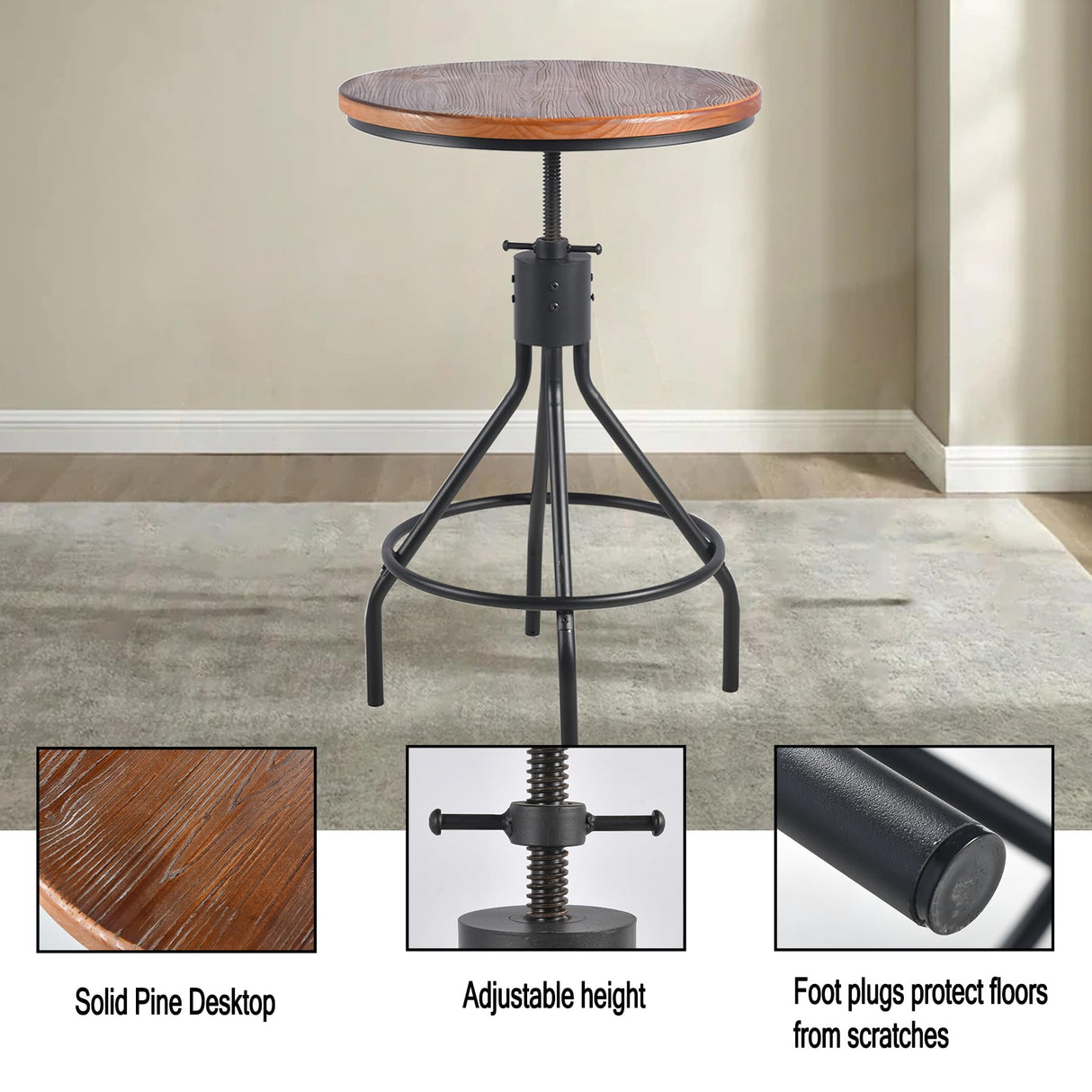 BOKKOLIK Industrial Bar Table, Counter Height 30-36inch Height Adjustable, Swivel Wooden Tabletop, Farmhouse Dinner Table for Home Kitchen,Vintage Display Stand BOKKOLIK