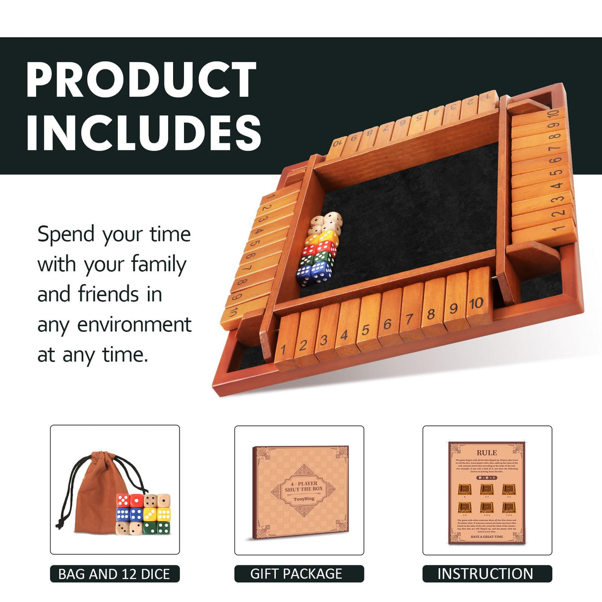 TooyBing Upgraded 1-4 Players Shut The Box Dice Game, Wooden Board Table Family Game for Kids and Adults with 12 Dice, Classic Tabletop Math Game for Pub Classroom Party, Gift for Christmas Birthday TooyBing