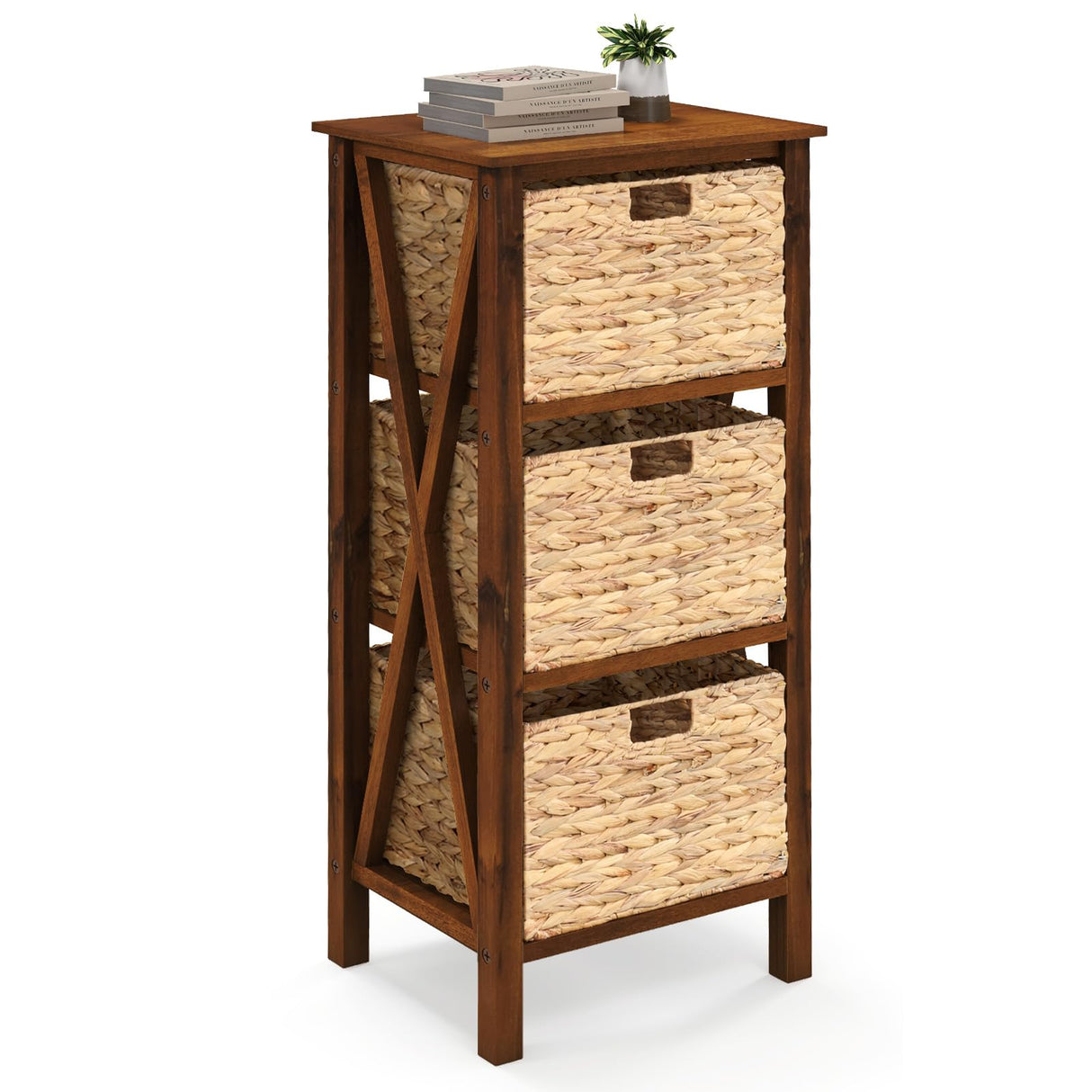 Giantex 3-Tier Nightstand with 3 Wicker Baskets, Wooden X-Design Side Table End Table, Beside Table with Acacia Wood Legs, Mid Century Accent Storage Cabinet for Small Spaces, Bedroom, Walnut Giantex