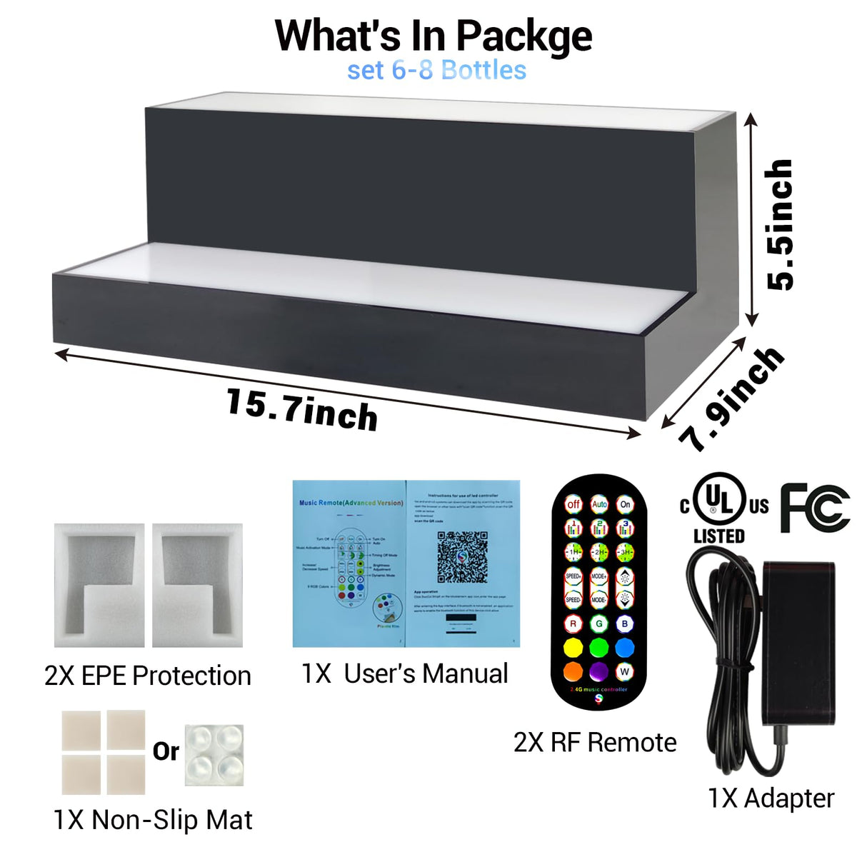 GOH&FTY LED Lighted Liquor Bottle Display Shelf,APP 16 inche 2Step LED Bar Shelves with Wireless Remote& Multicolor LED Light ,Bar Stand for Home Bar Accessories GOH&FTY