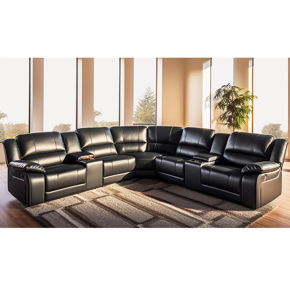 UR livingroom Modular Sectional Sofa L-Shaped PU Leather Sofa Sets Manual Reclining Sectional Couches for Living Room Sofas para Sala, Black UR livingroom