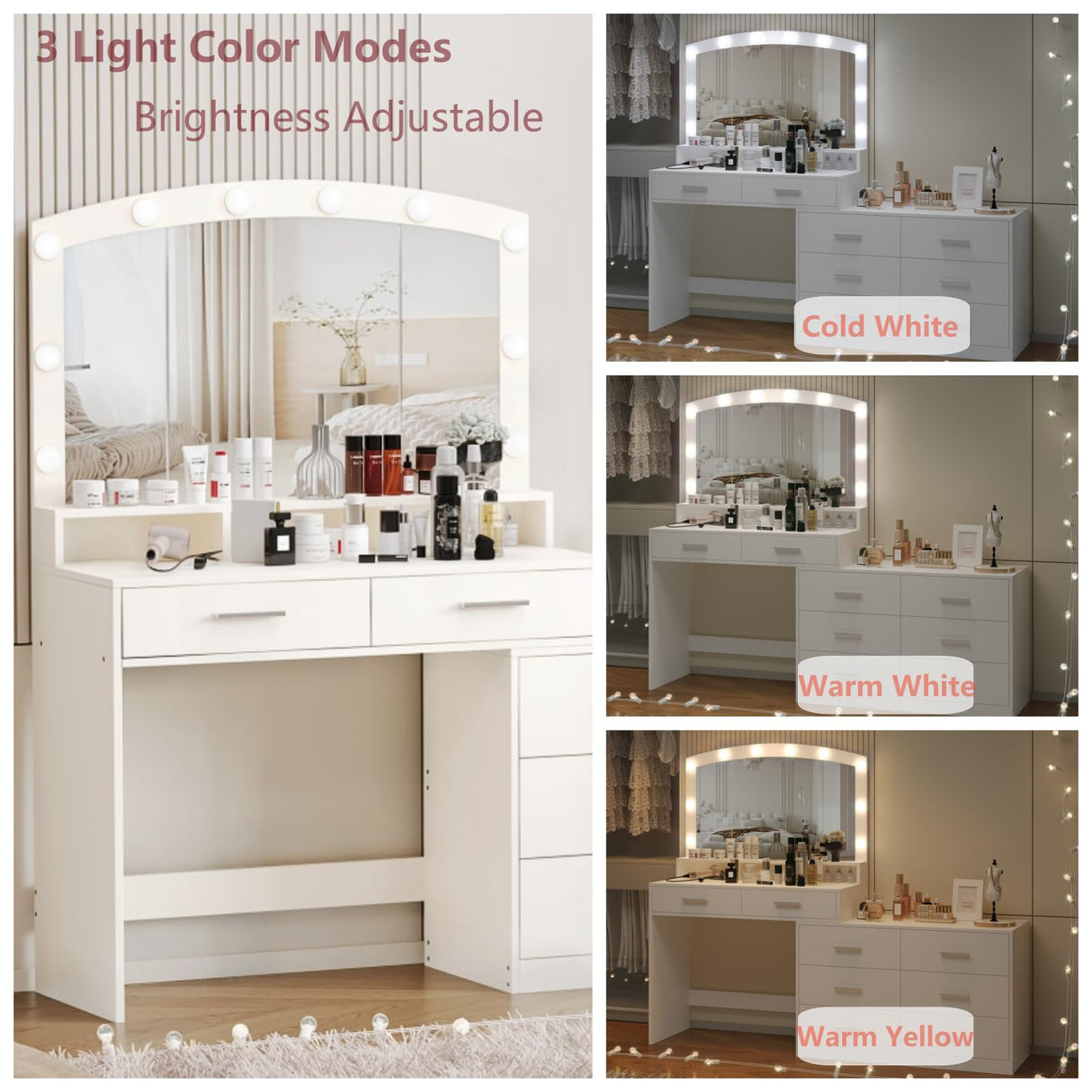 Irontar Vanity Desk with Large Mirror and 3-Color Lights, Makeup Vanity with 8 Drawers & Open Shelf, Side Cabinet with Width Adjustable, Makeup Table for Women, White WDT007W Irontar
