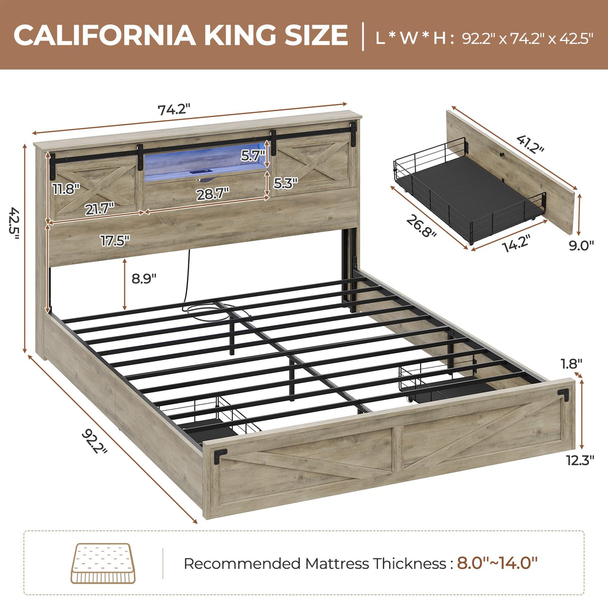 Hasuit Farmhouse Bed Frame California King Size with Storage Bookcase Headboard, Wooden Cal King Bed with LED Lights, Charging Station, 2 Drawers, Country Rustic Bed Frame with Sliding Barn Door Hasuit