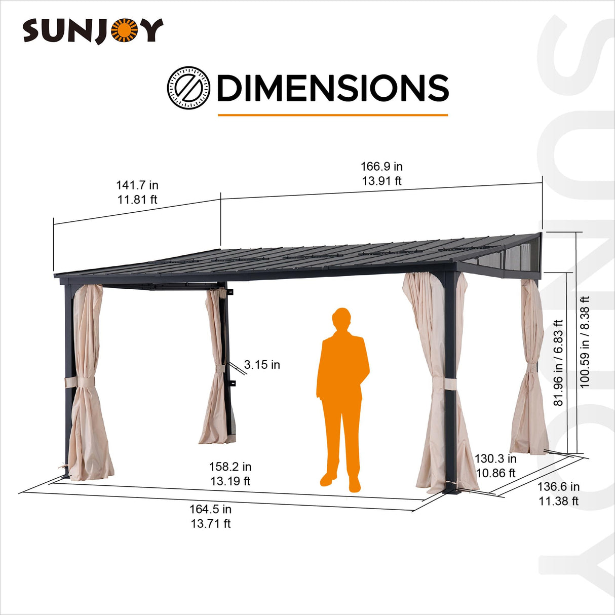 Sunjoy 12 x 14 ft Wall Mounted Gazebo with Powder Coated Steel Roof, Black Aluminum & Metal Frame Lean to Gazebo with Curtains and Netting Sunjoy