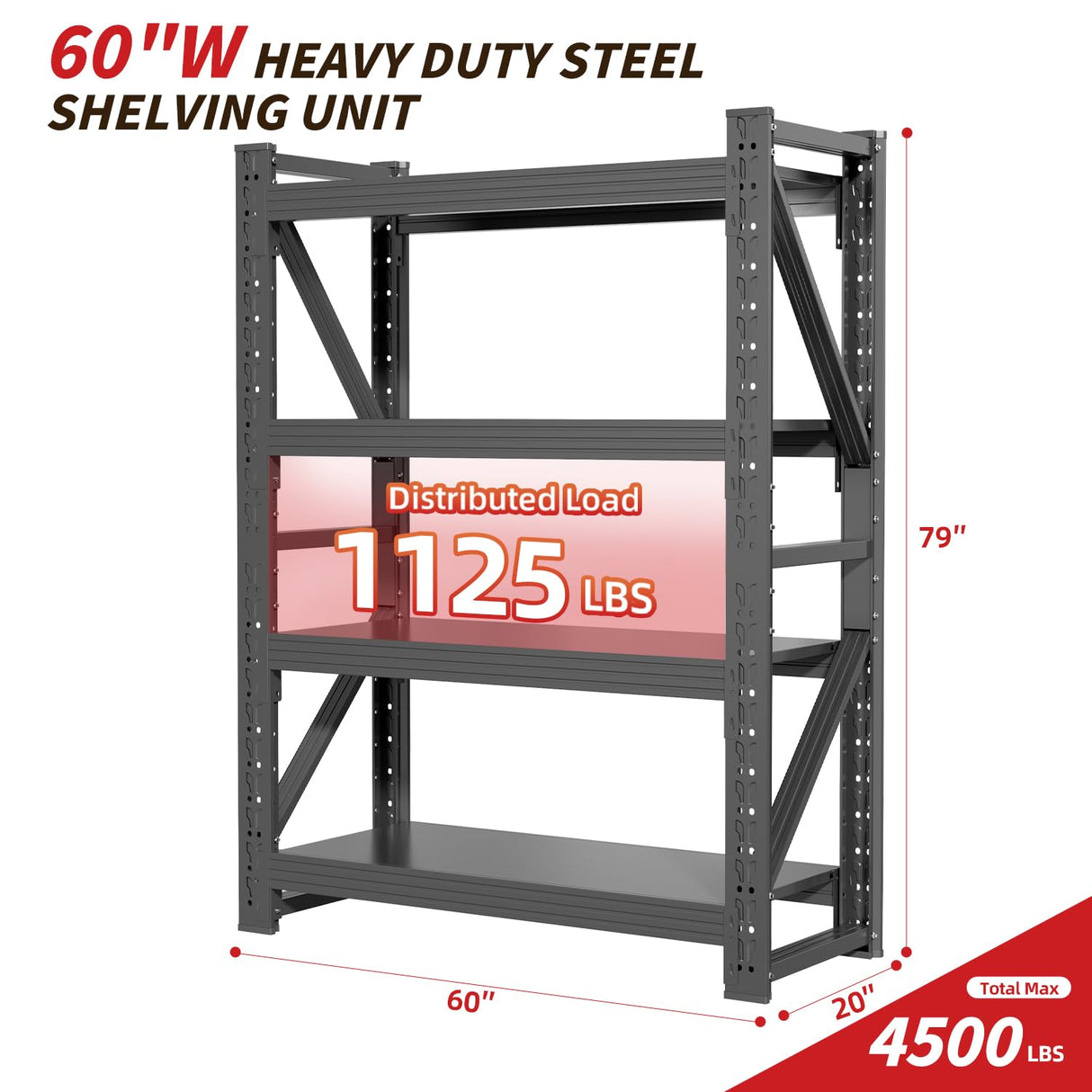 Welfiya 60" W Garage Shelving,4-Tier Heavy Duty Storage Shelves Unit with Adjustable Metal Shelf for Warehouse,Basement,Workshop,4500LBS,60" W x 20" D x 79" H,Black Welfiya