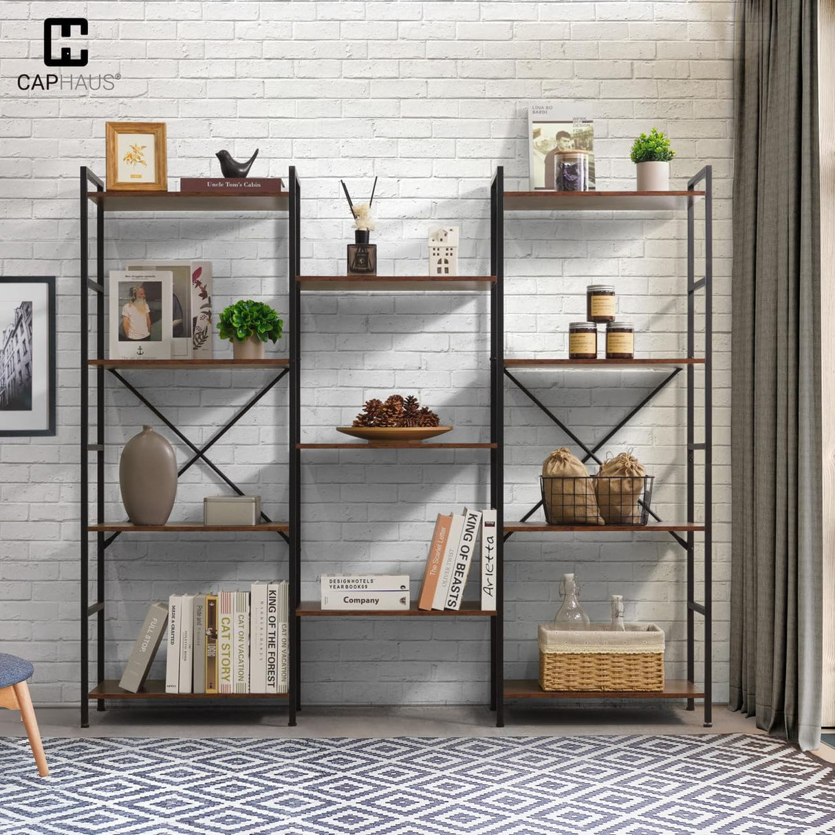 CAPHAUS Triple Column 4 Tier Bookshelf, Industrial Triple Bookcase with 11 Open Display Shelves, Adjustable Wide Shelf for Living Room, Bedroom, Home and Office, White CAPHAUS