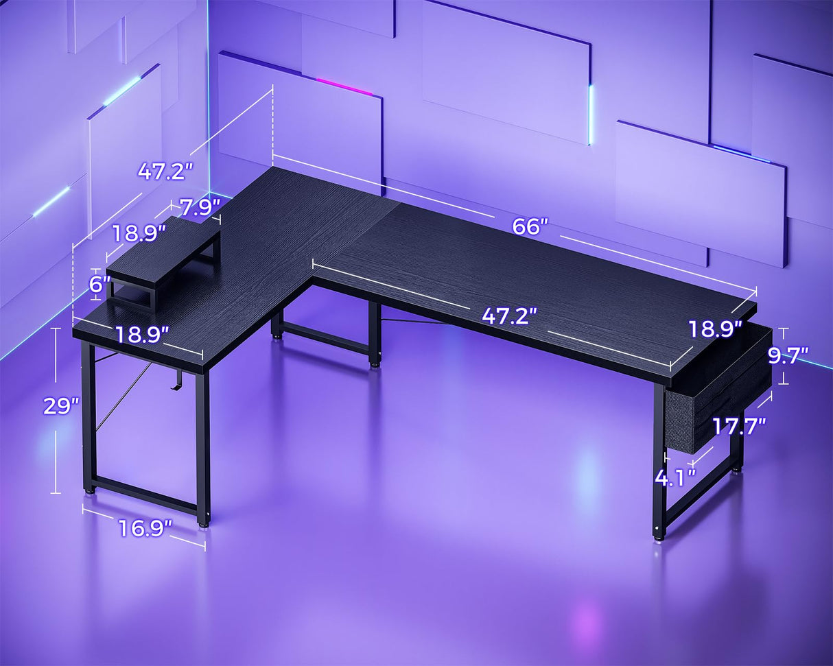 ODK L Shaped Desk, 66" Computer Corner Desk, Gaming Desk, Home Office Writing Desk with Monitor Shelf, Space-Saving Workstation Desk, Modern Simple Wooden Table, Easy to Assemble, Black ODK