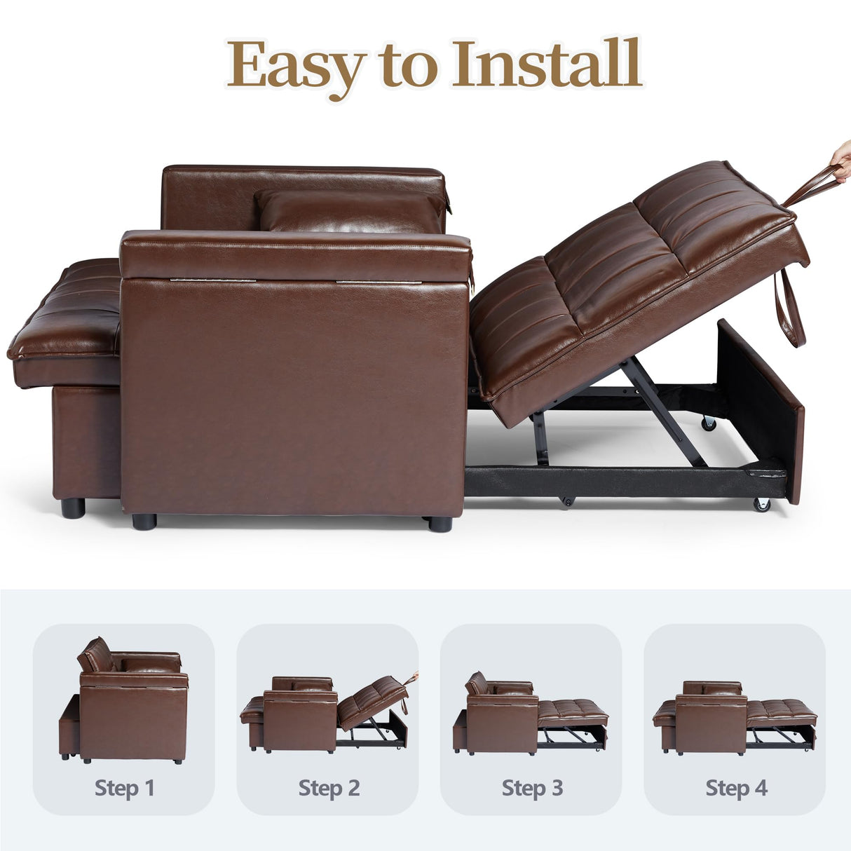 ORRD Convertible Sofa Bed, 3-in-1 Multi-Functional Faux Leather Sleeper Couch Pull-Out Bed, 48'' Loveseat Bed Chaise Lounge with Adjustable Backrest and Hidden Side Table for Living Room, Small Space ORRD