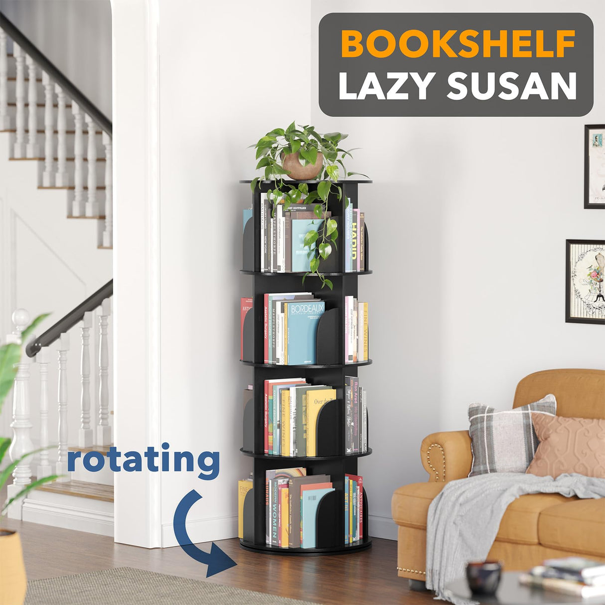 SpaceAid 4 Tier Rotating Bookshelf Tower, Spinning Bookcase Lazy Susan, Revolving 360 Book Shelf Storage Round Carousel, Vertical Rotate Turning Spiral Corner Organizer, Black SpaceAid
