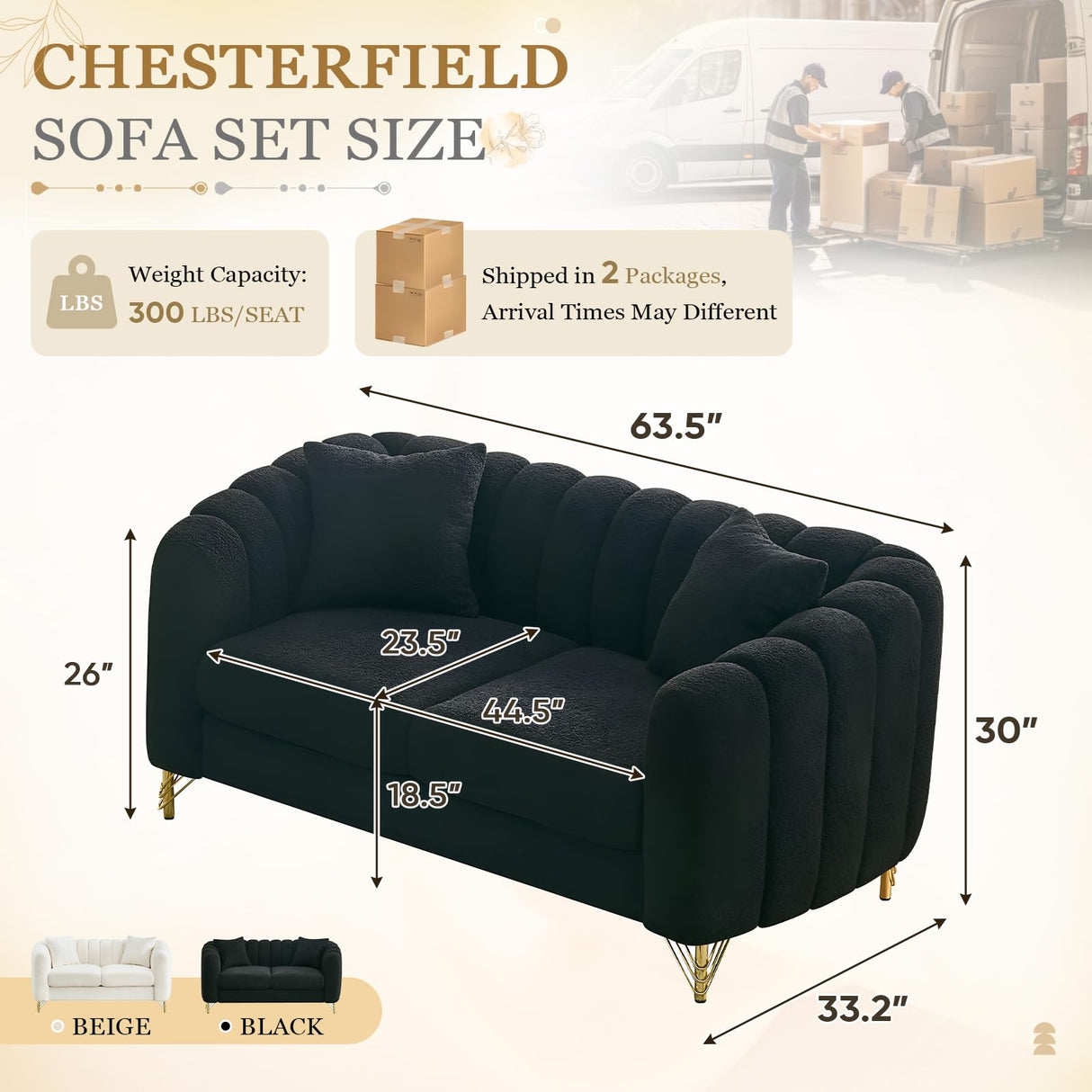 Black Cloud Couch for Living Room, 63.5" Modern Comfy Overstuffed Deep Seat Tufted Sofa with Gold Legs & Pillows, Plush Teddy Boucle Upholstered Curved Loveseat Settee with Round Arm (Black, 2 Seater) SLEERWAY