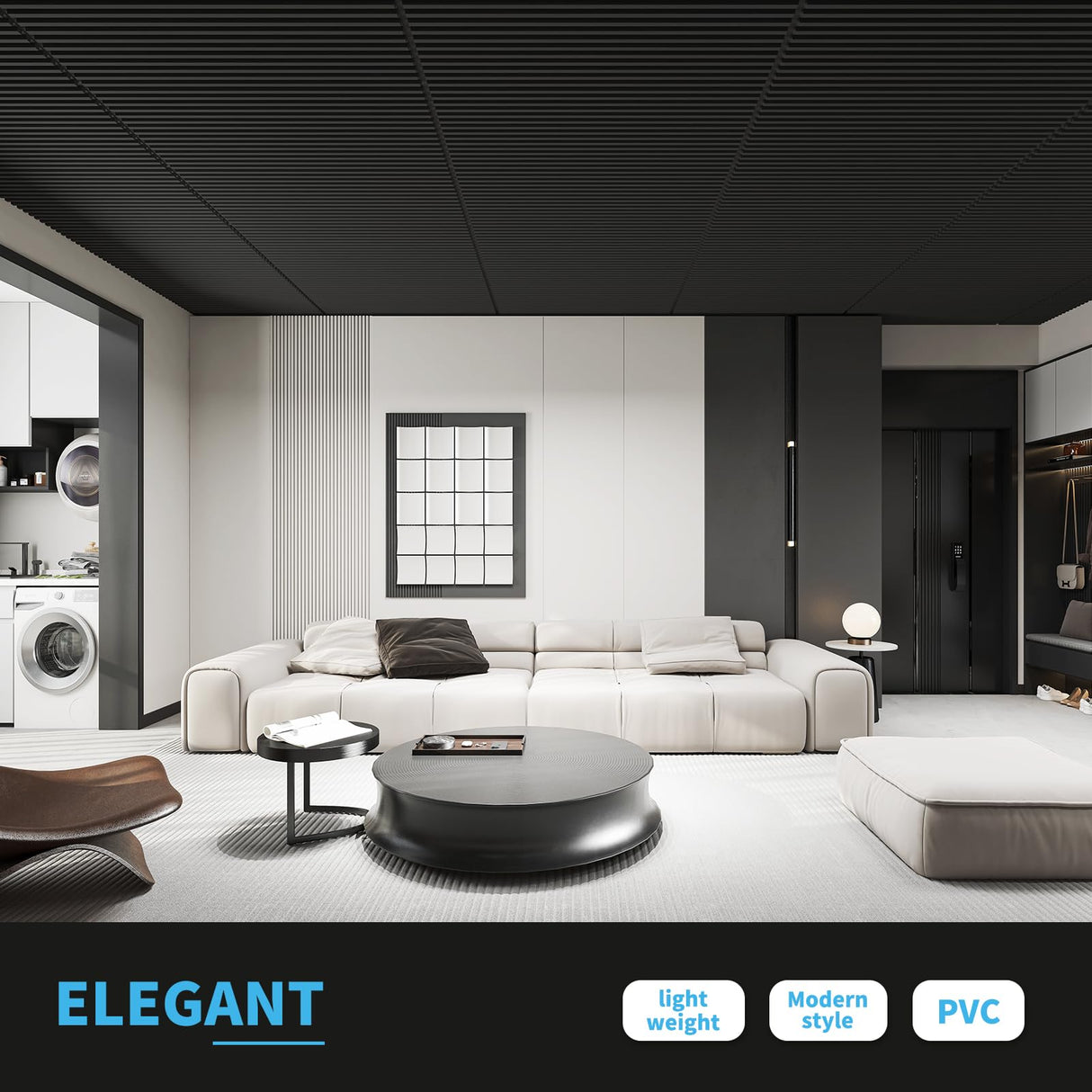 Art3d 12-Pack Slat Design 3D Wall Panels for Interior Wall Decor, 2x4 FT PVC Decorative Drop Ceiling Tiles - Black Art3d