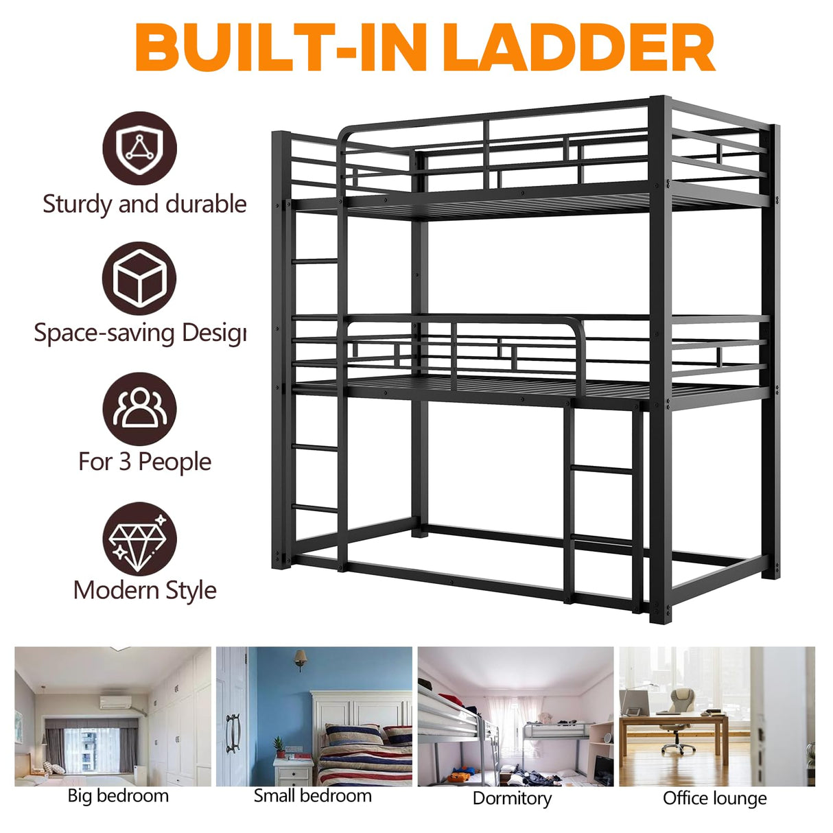 Bunk Beds, Metal Bunk Bed, Triple Bunk Bed for Kids,Teens, Adults, Girls, Boys, Detachable BunkBed Can Be Divided into 3 Twin Beds,No Box Spring Need (Black) Anwick
