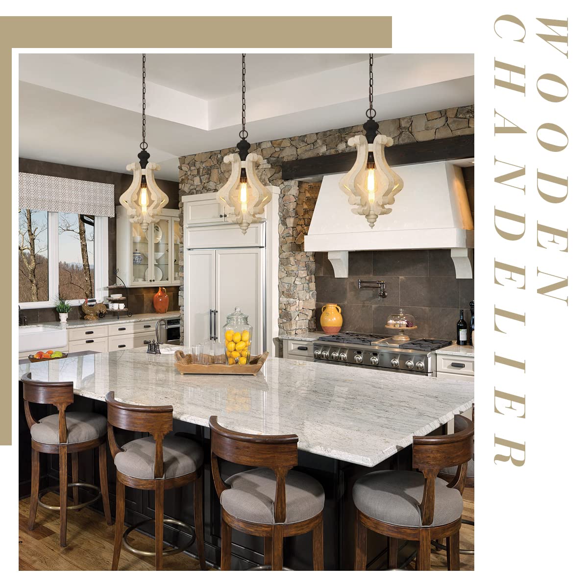 ANQIANYUE Farmhouse Wood Pendant Light, Distressed Rustic White Chandelier, 12.4" Vintage Pendant Lighting Fixture for Kitchen Island Dining Room Foyer Hallway Entryway Living Room; Adjustable ANQIANYUE