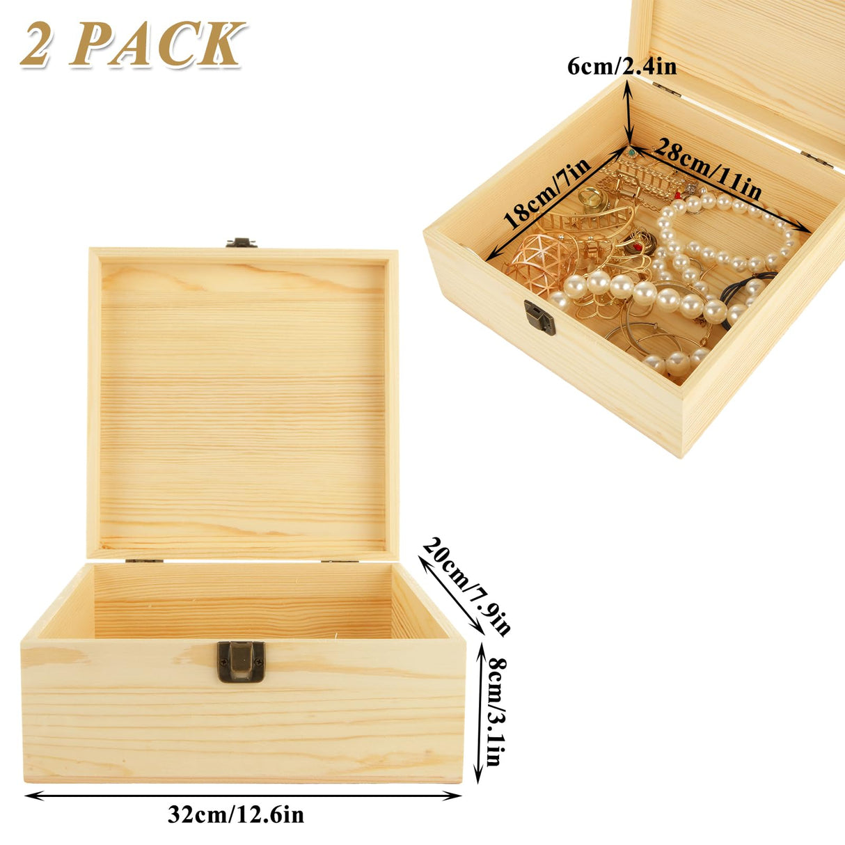 LDXDRU 2Pcs Large Wooden Box, 12.6" x 8" x 3.1" Unfinished Wooden Box with Hinged Lid, Reusable Wood Boxes for Crafts,Gift, Home Storage, DIY Keepsake Box LDXDRU