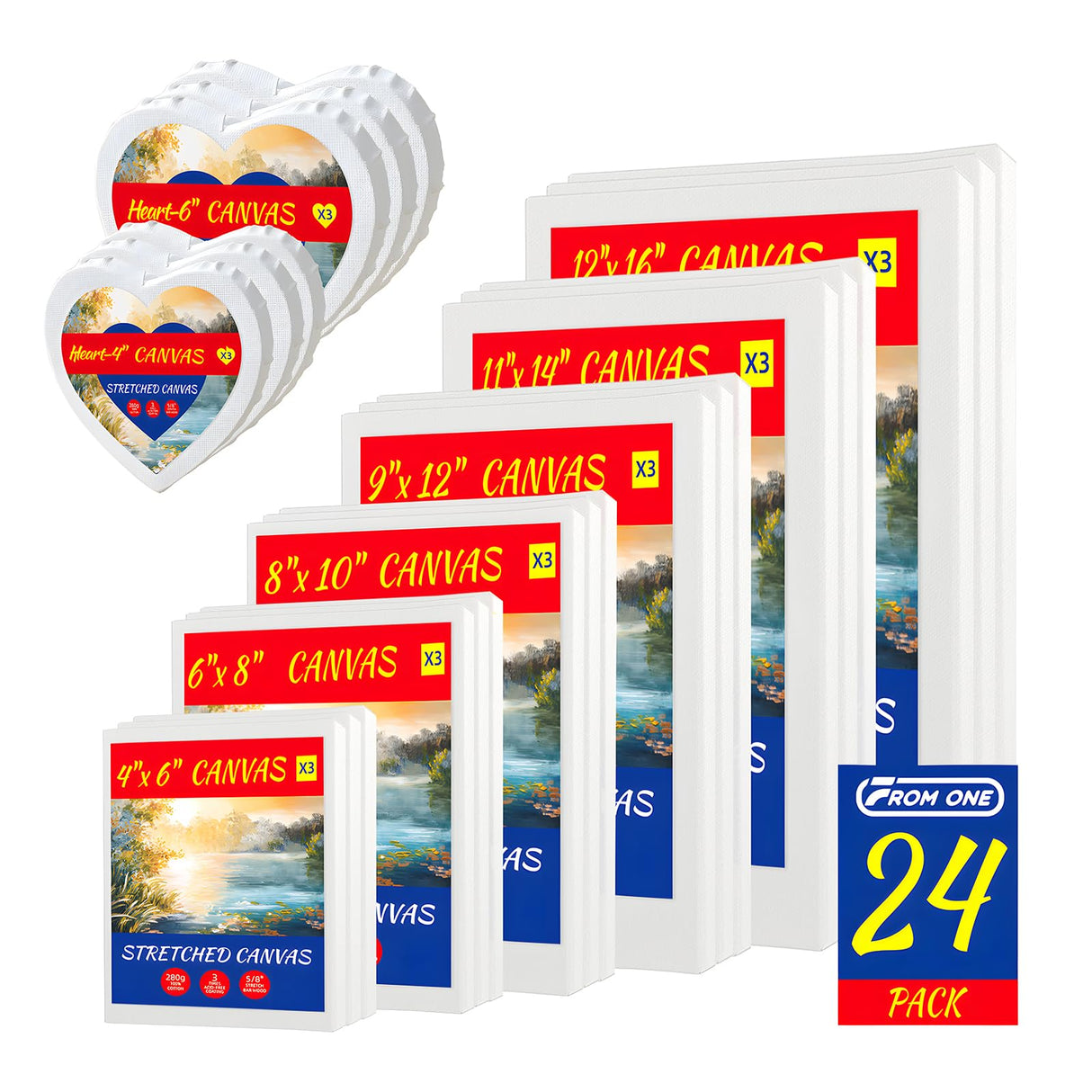 Heart Canvas for Painting, 24 Pack Art Stretched Painting Canvas, 100% Cotton Painting Canvas Supplies with 12 Ounce Triple Primed Acid-Free for Acrylics, Oils & Other Painting Media FROM ONE