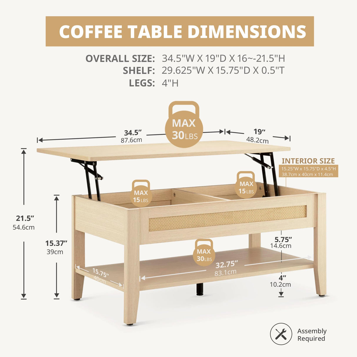 Ink+Ivy Wood Lift Top Coffee Table with Hidden Compartment and Large Storage Shelf, Boho Modern Rattan Dining Rectangle Center Table for Home Living Room Office, 34.5" W, Natural