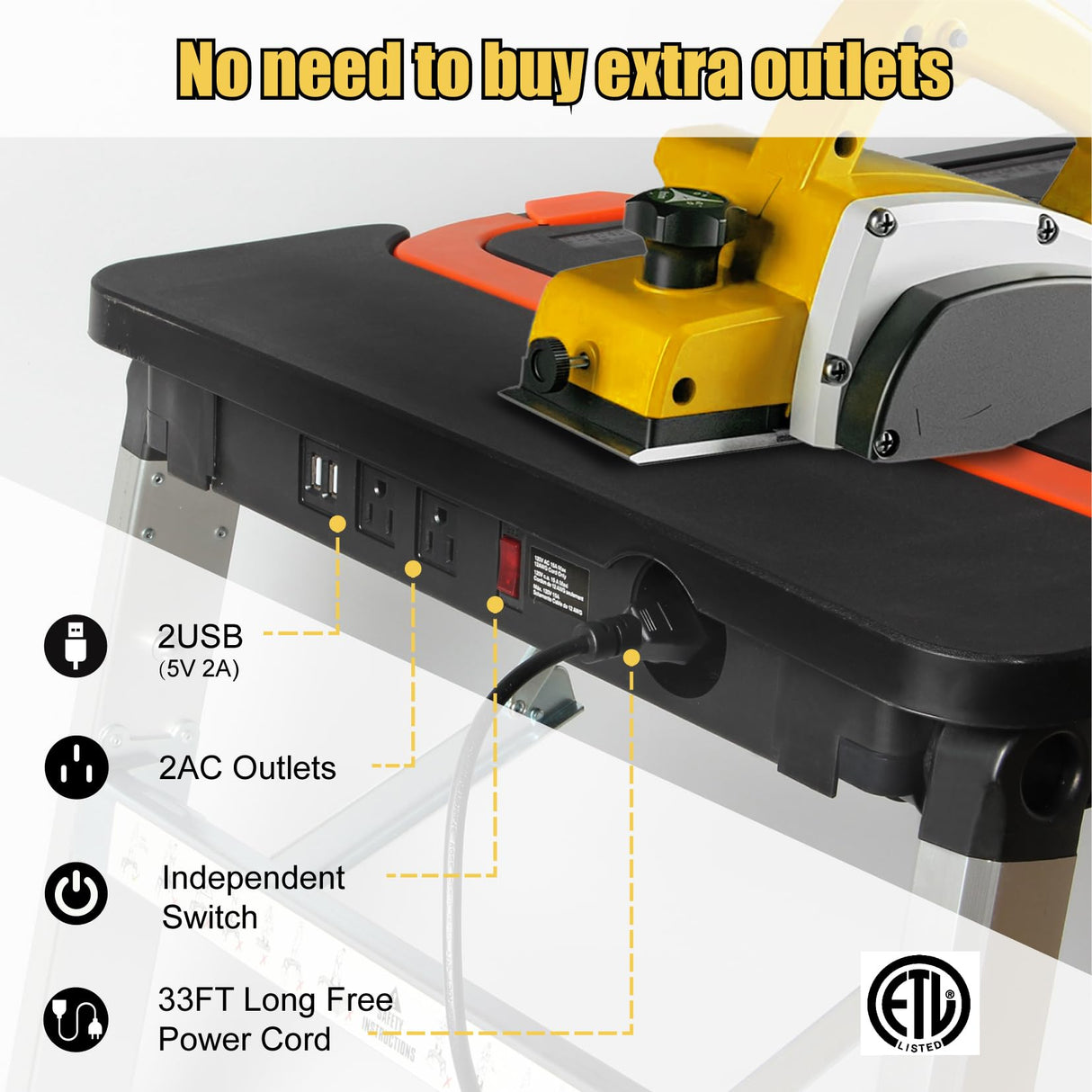 LEADALLWAY 7-in-1 Workbench Folding with Power Outlet and 33FT Long Power Cord Painted Work Table as Workbench, Scaffold,Platform,Sawhorse,Car Creeper and Hand Truck with 4 Wheels, Black LEADALLWAY