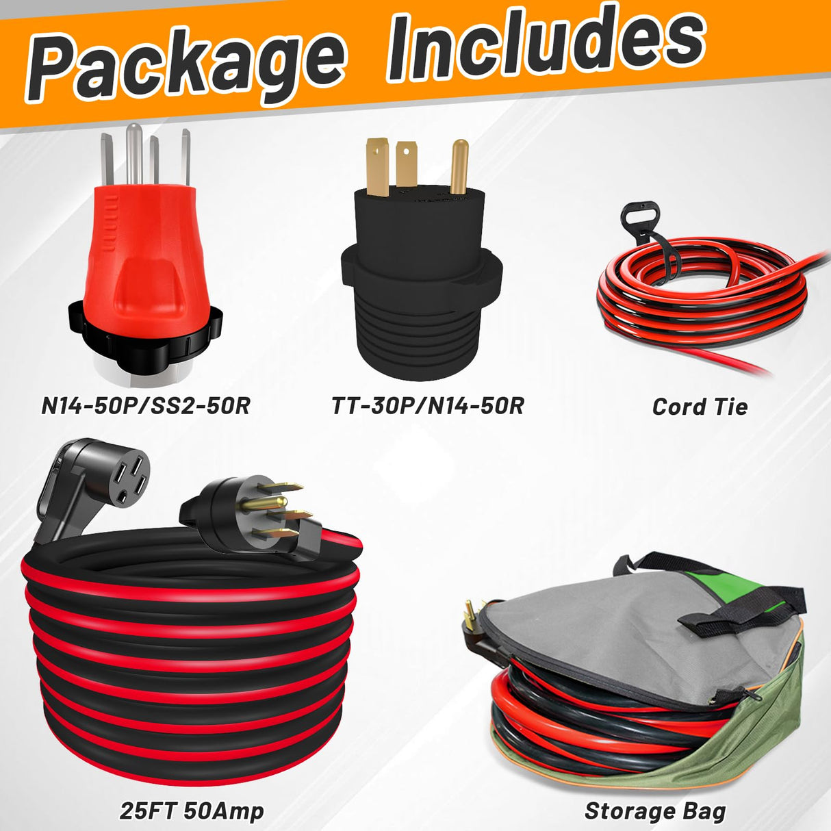 RVPLAN 25 FT 50 Amp RV/EV Extension Cord Outdoor Waterproof,4 Prong Flexible Heavy Duty STW RV Power Cord,NEMA 14-50P/R Standard Plug Suit for EV Charging and RV Trailer Campers, Black-Red,ETL RVPLAN