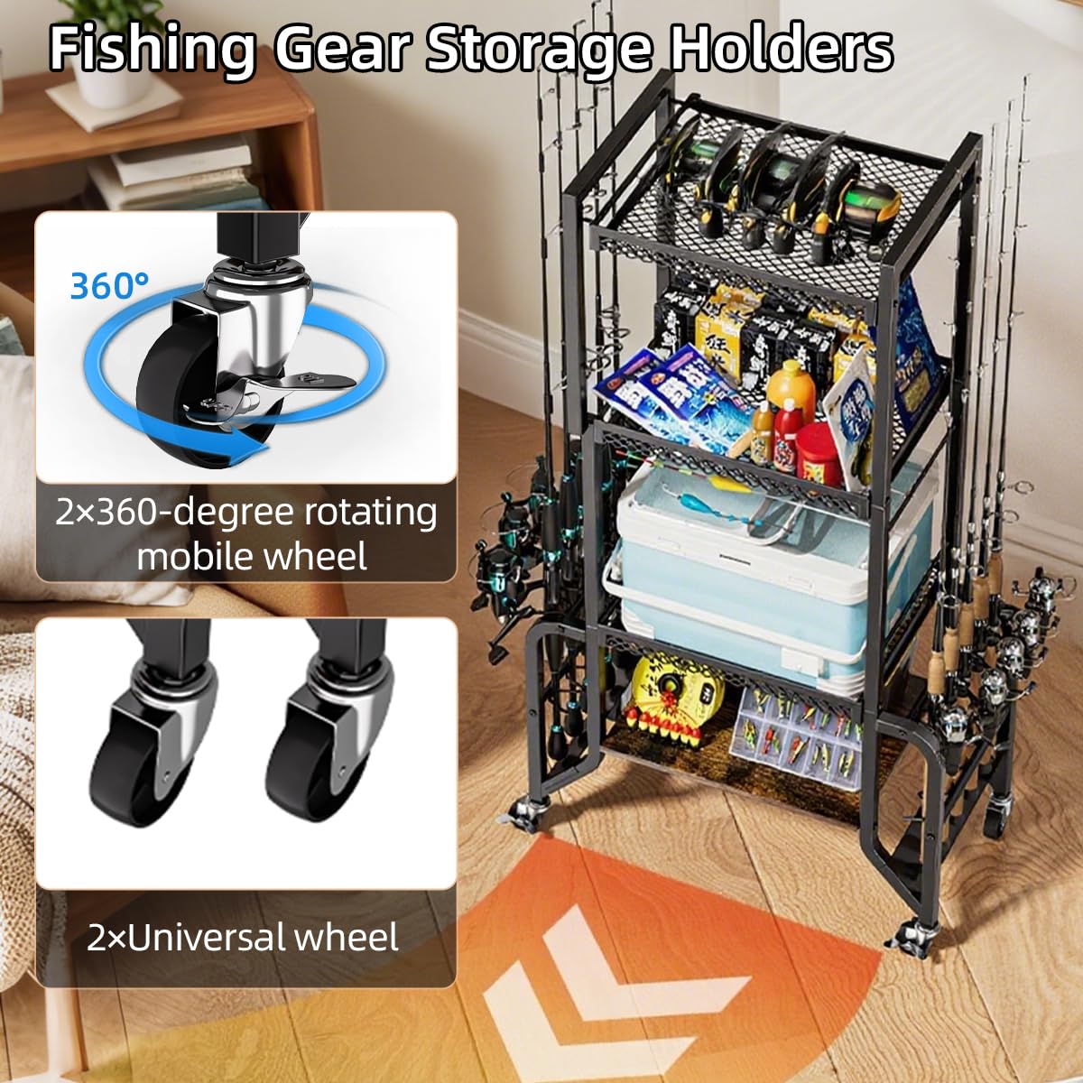 ZERTNROW Fishing Gear Storage Fishing Pole Holders for Garage- Rod Holder up to 10 Rods with Wheels and 4 layer of large capacity Shelf,Fishing Organizer for Large Tackle Box -Fishing Gear Storage ZERTNROW