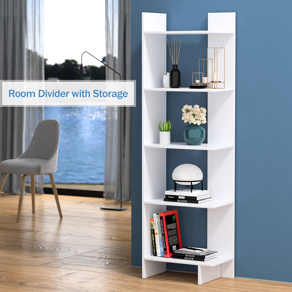Tangkula 5-Shelf Bookcase, Room Divider and Display Shelf, Freestanding Decorative Storage Shelving, Wooden Bookshelf for Home Living Room Office Bedroom, Room Divider Bookshelf (White, 1) Tangkula