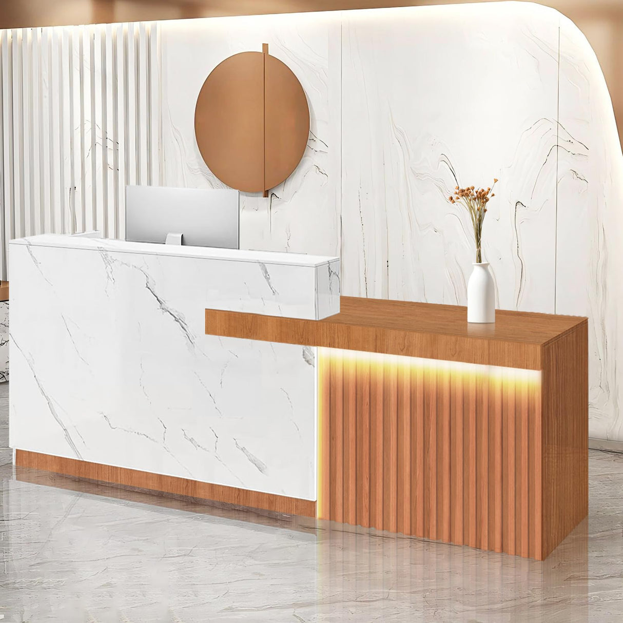 Thcbme Reception Desk with Lockable Drawer Office Front Desk Checkout Counter Wooden Reception Table for Beauty Salon Lobby Shop Retail White and Brown Right 71inch/180cm Thcbme