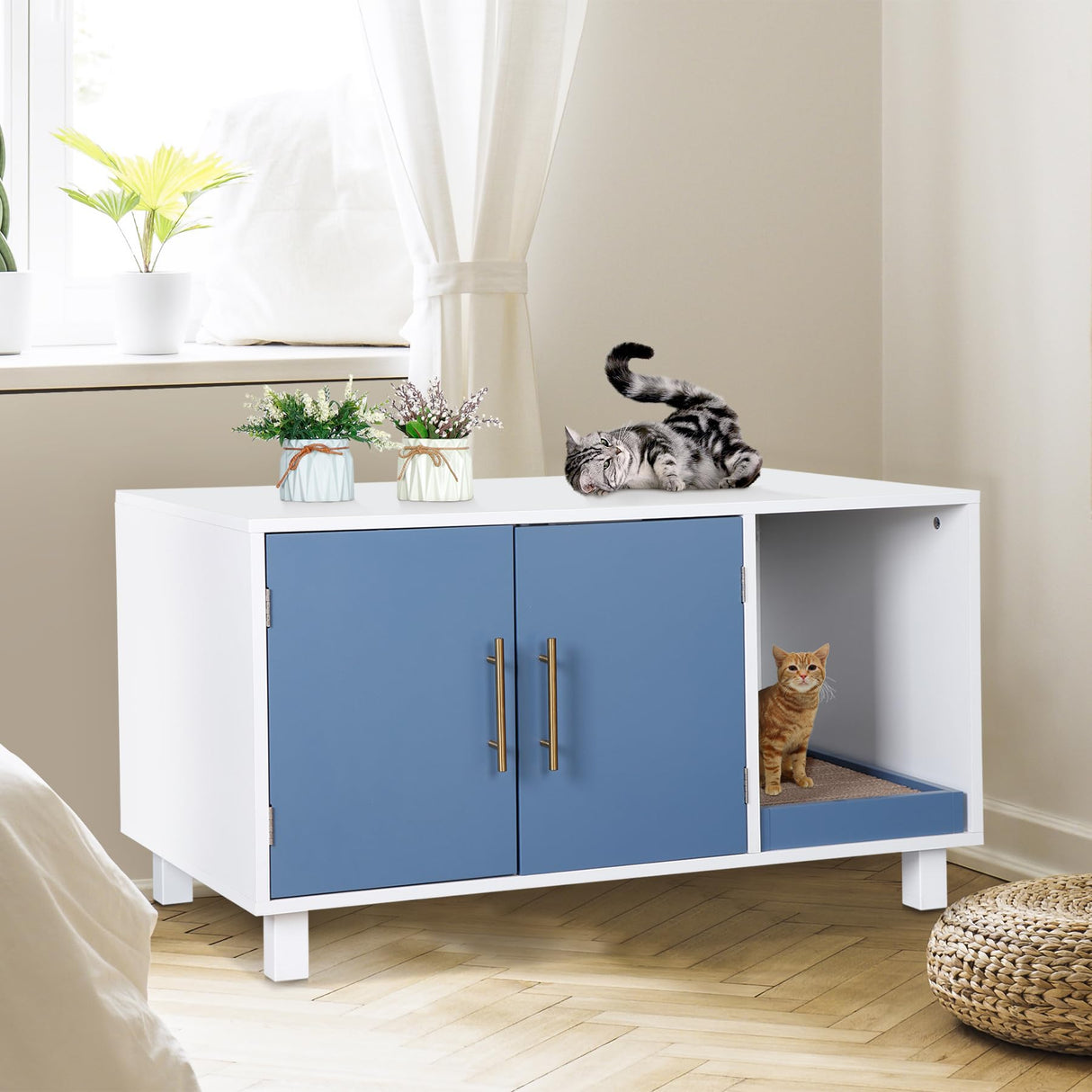 ZENY Pet Cat Litter Box Enclosure, Modern Cat House Furniture, Cat Washroom Furniture Hidden, Side End Table, Wood Pet Cat Crate with Scratch Pad, White ZENY