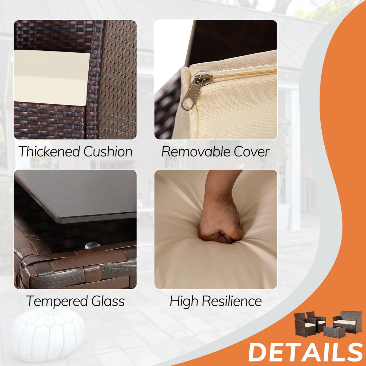 Seogwisam 4 Piece Patio Furniture Set, Outdoor Wicker Conversation Set, Rattan Sectional Sofa Couch with Glass Coffee Table & Thick Cushion for Backyard, Porch, Garden, Poolside, Brown/Beige Seogwisam