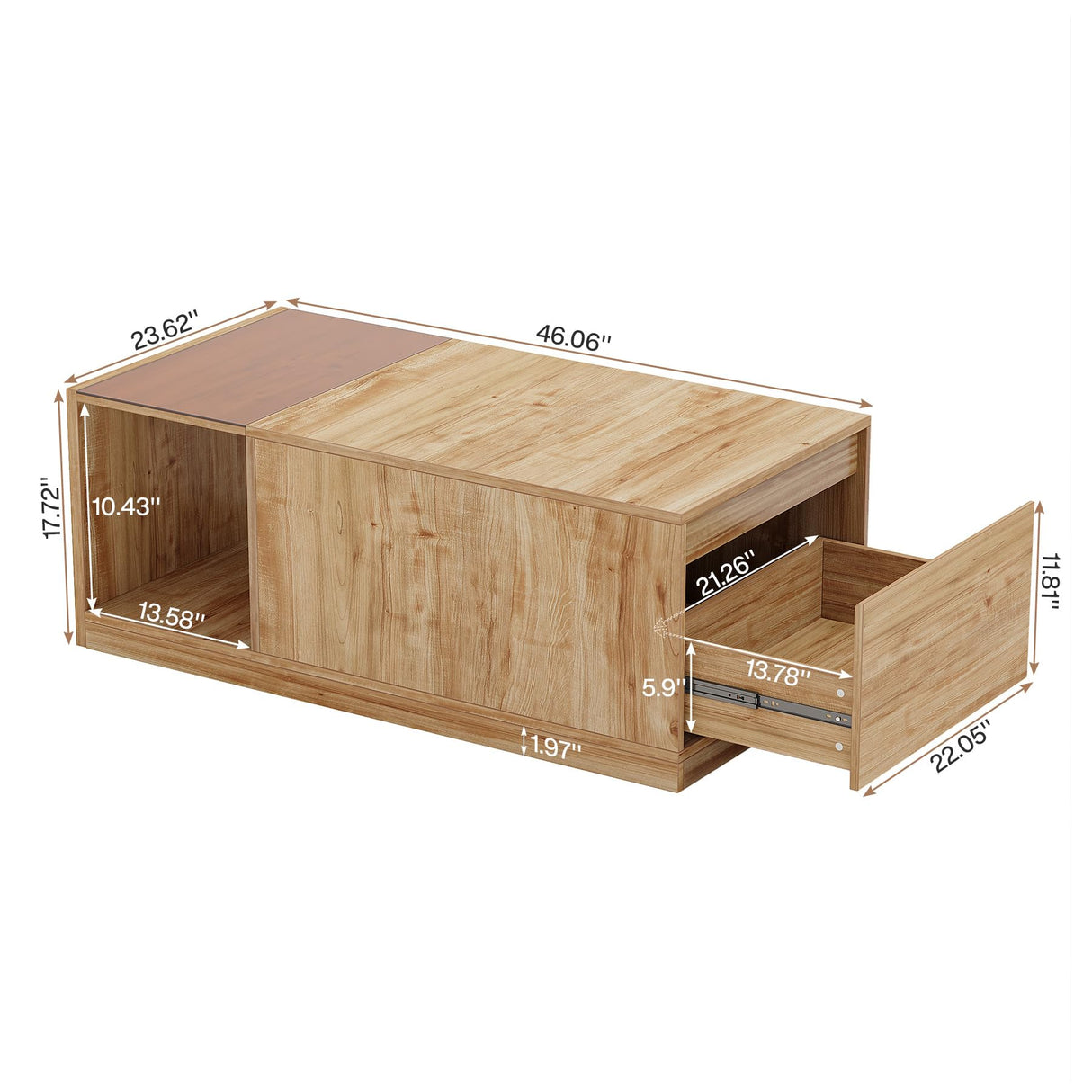 Tribesigns 47.24-Inch Coffee Table with Drawer & Storage Shelf, Farmhouse Coffee Table with Tawny Glass, Wood Center Table for Living Room, Modern Home Furniture, Brown & Tawny Tribesigns