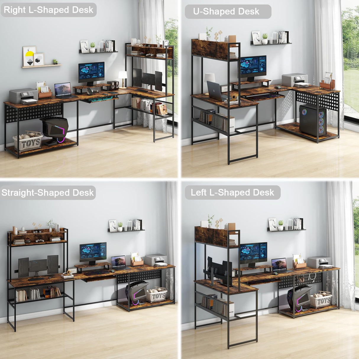 Halitaa U Shaped Desk with Power Outlet, L Shaped Office Desk with LED Lights and Monitor Stand, Reversible L-Shaped Computer Desk Suitable for Home Office, Corner, Gaming, Brown Halitaa