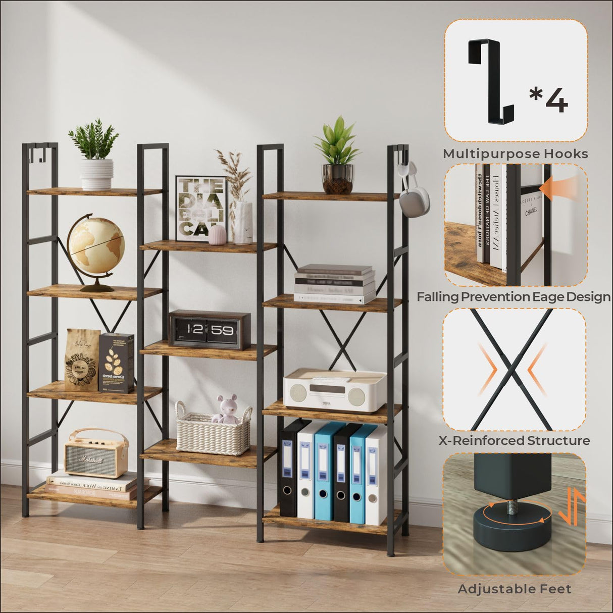 DSNAPE Triple 4 Tier Bookshelf with 11 Open Book Shelves,Home Office Bookcase Shelf Heavy Duty Storage Organizer,55" H Industrial Display Shelves for Living Room,Kitchen Room,Flower Room,Rustic Brown DSNAPE