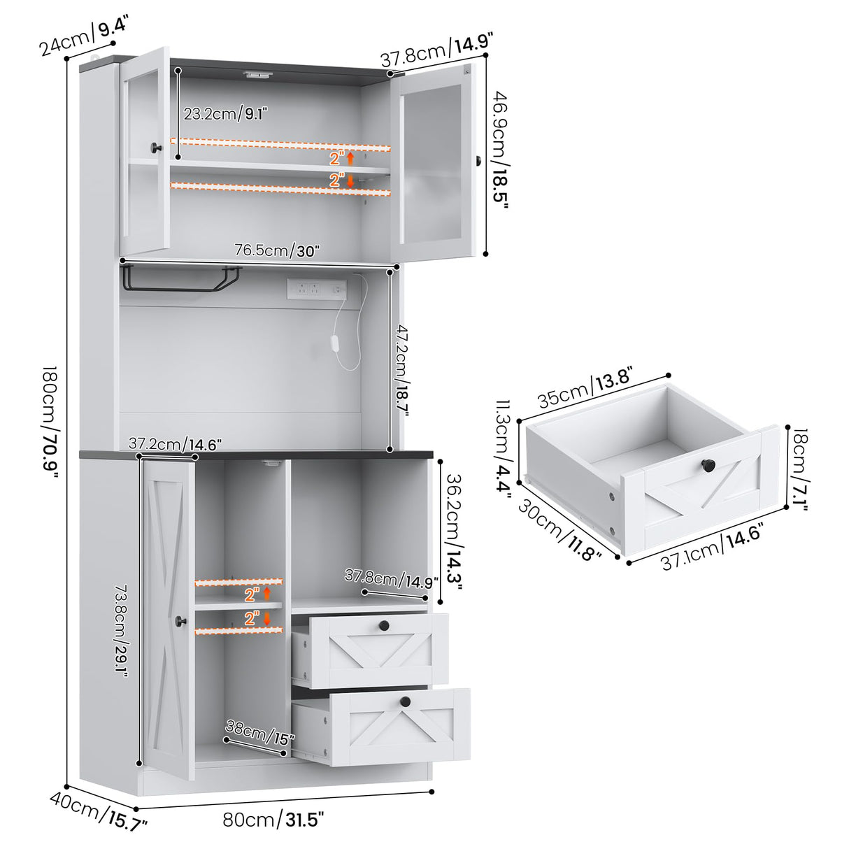 CBBPET 71" Tall Coffee Bar Cabinet with Storage Hutch, Farmhouse Kitchen Pantry Cabinet with LED Lights Microwave Stand and Glass Holder for Home Dining Room Kitchen,White CBBPET