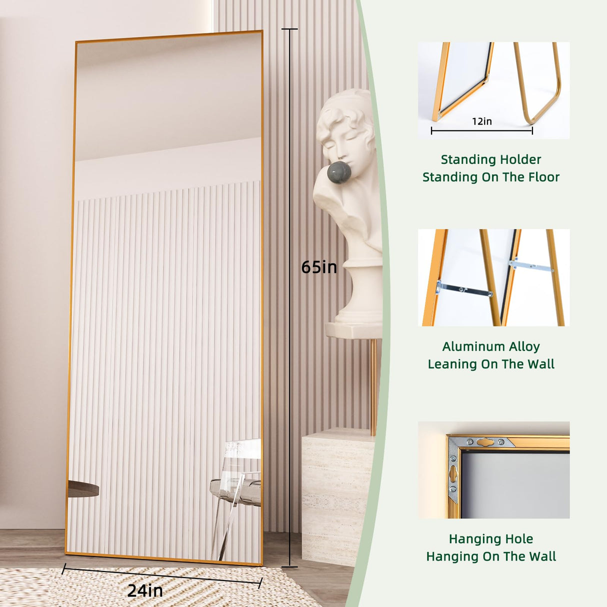 Beauty4U 65" x 24" Full Length Mirror with Stand, Gold Wall Mounting Full Body Mirror, Metal Frame Full-Length Tempered Mirror for Living Room, Bedroom Beauty4U