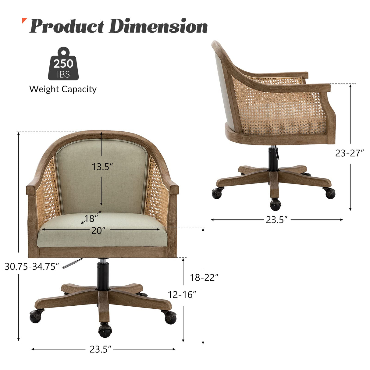 HULALA HOME Rattan Desk Chair, Upholstered Home Office Chair, Vintage Office Chair with Armrest, Adjustable Swivel Rolling Height Task Chair for Living Room Bedroom Study Room, Linen HULALA HOME