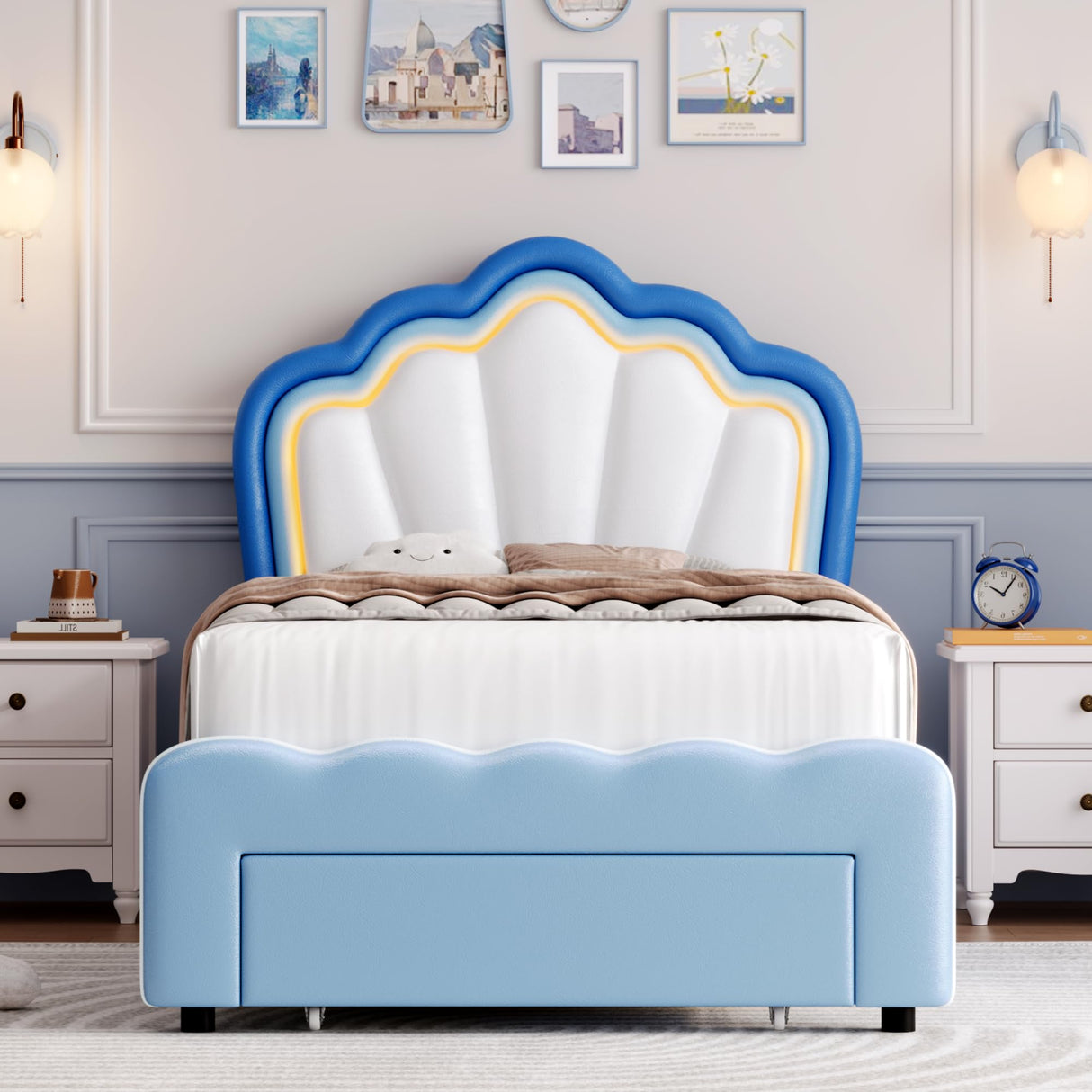 HOSTACK Twin Upholstered LED Bed Frame with Storage Drawers - Stylish Blue/White Platform Bed for Boys with Adjustable Lotus Headboard HOSTACK