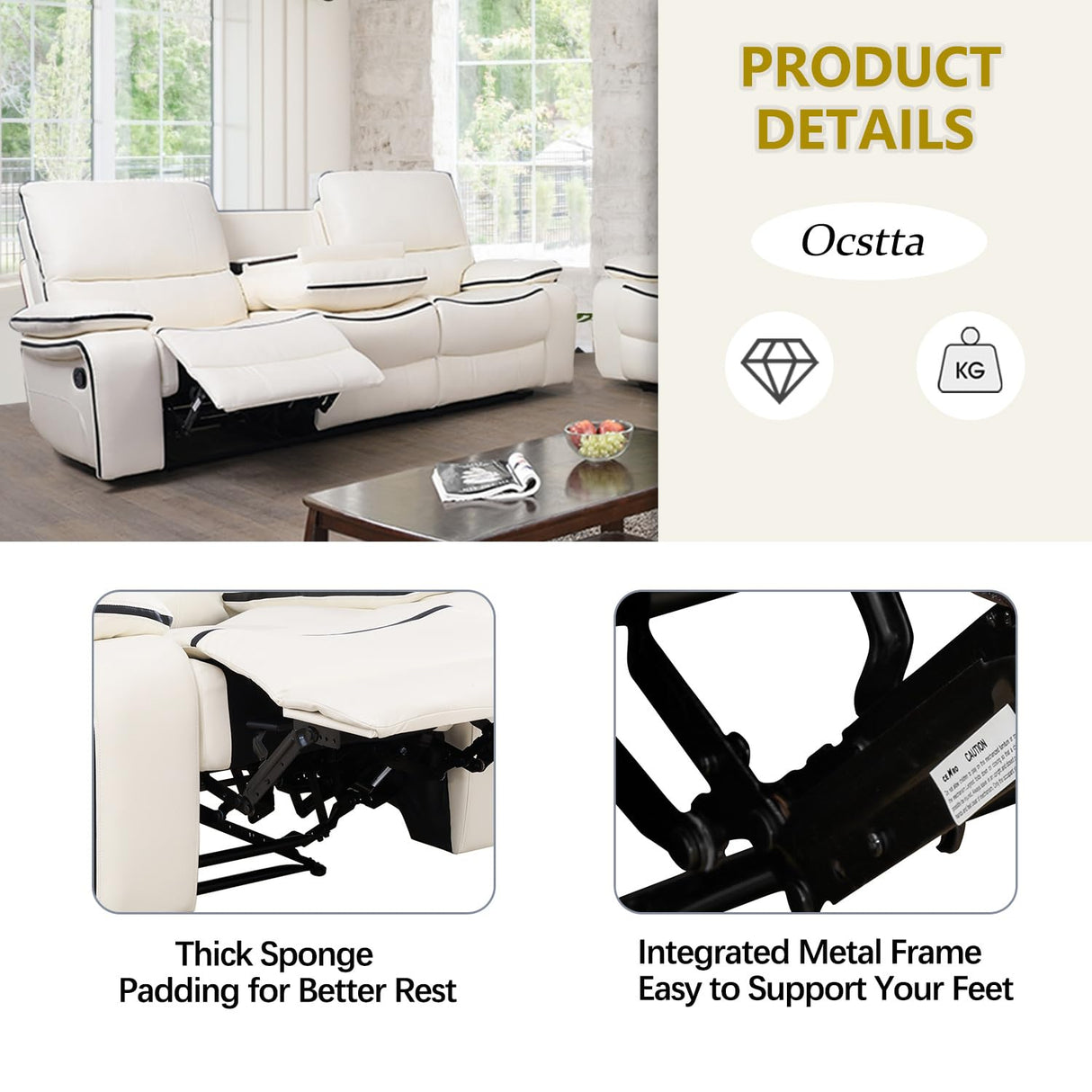 Ocstta Leather Recliner Sofa Set, Leather Couch Set for Living Room, Living Room Furniture Set with Storage Console & Cup Holder for Living Room/Office (Recliner Couch Set) Creamy White Ocstta