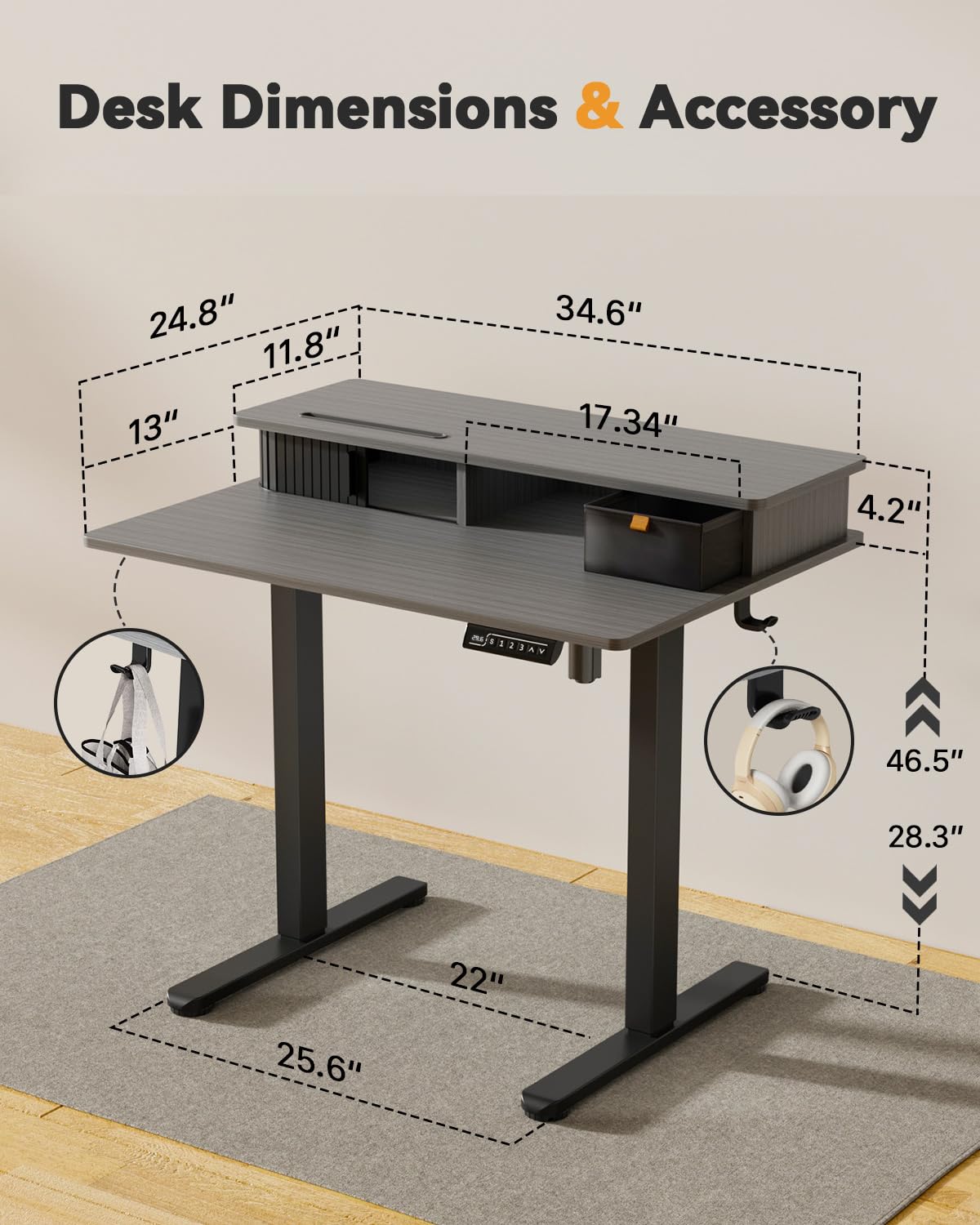 JOY worker Small Electric Standing Desk, 35" x 25" Height Adjustable Table with Built-in Monitor Stand & Storage Drawer, Grey Sit Stand Desk with 2 Hooks for Home Office JOY worker