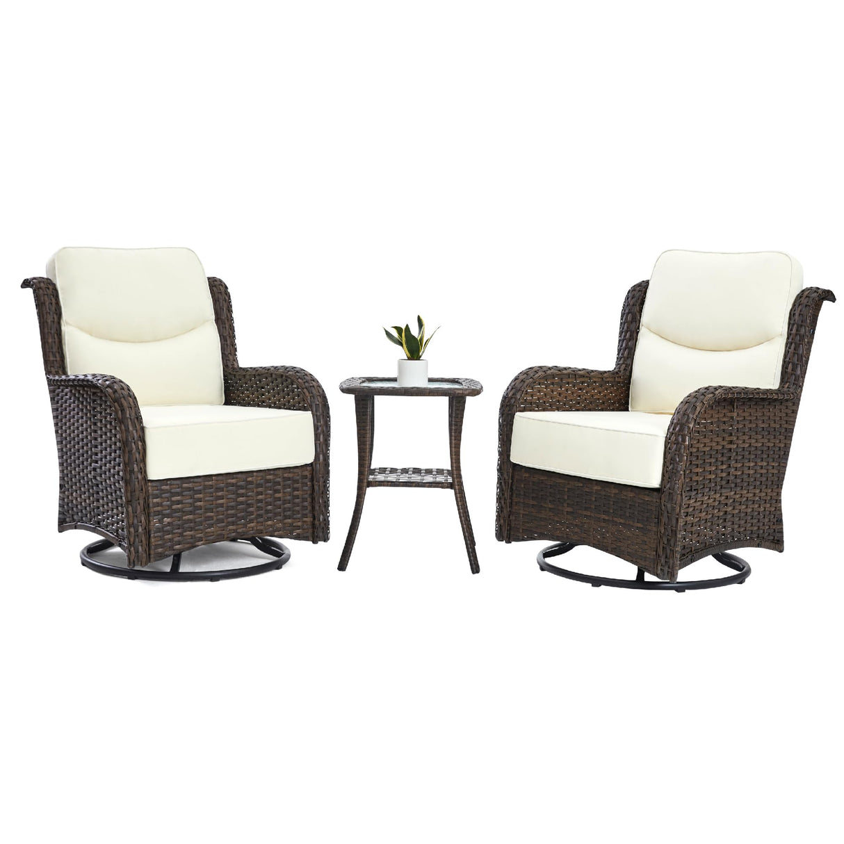 Luxury Outdoor Swivel Rocker Chairs High Back, 3 Piece Patio Rocking Chairs with Thick Cushions, Oversized Bistro Set with Small Side Table, for Porch, Outside, Pool, Deck, Yard, Garden (Rice White) HILLGA