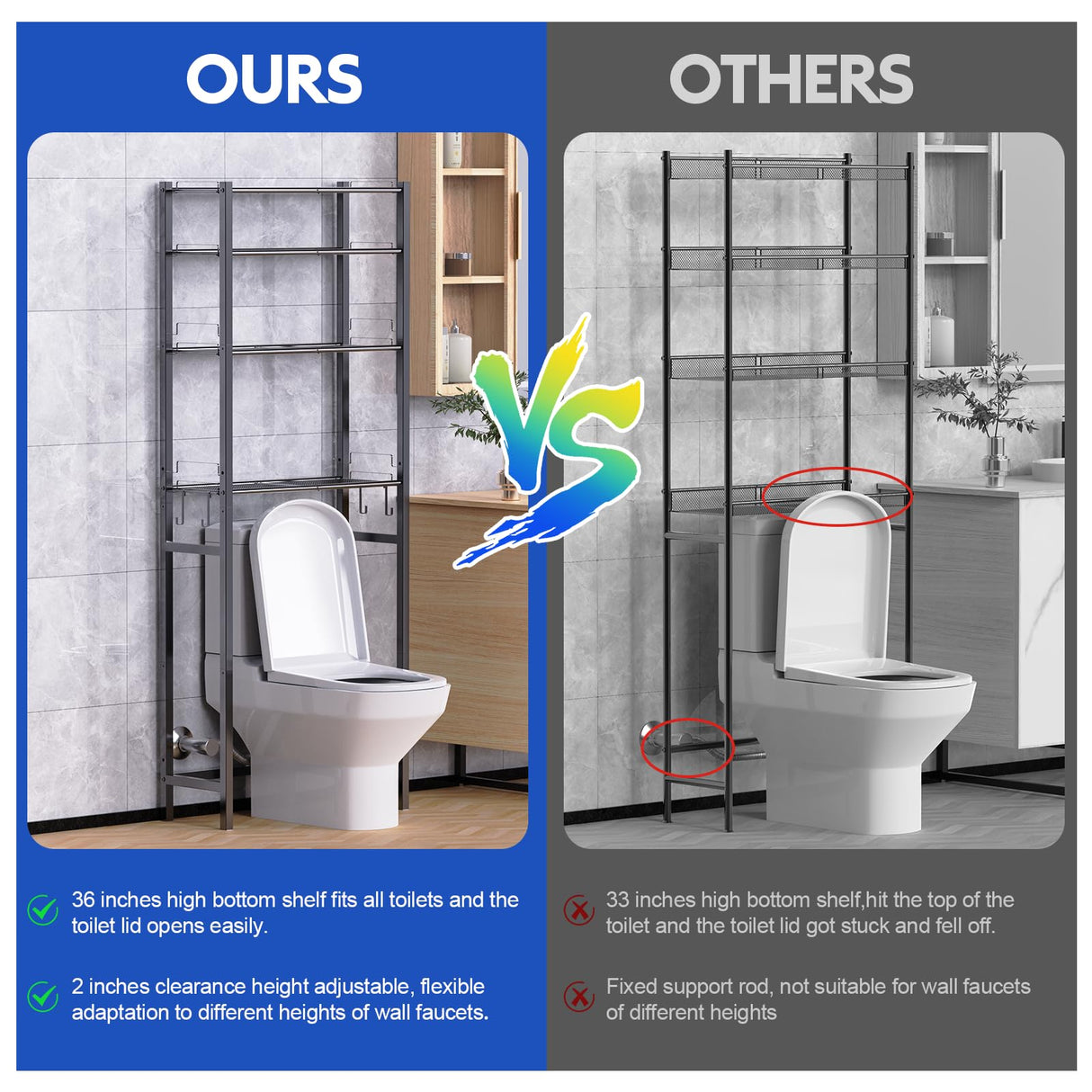 samstar 4 Tier Over The Toilet Storage Rack, Bathroom Organizer Shelves Cabinet Above Toilet, with Adjustable Height Freestanding Shelf Space Saver, Black samstar