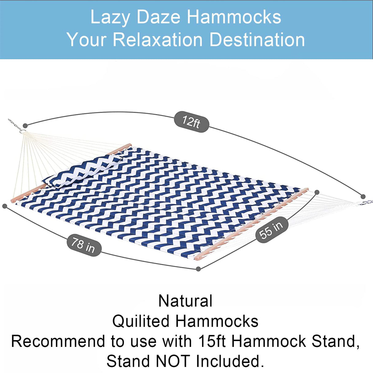 Lazy Daze Hammocks 12 FT Double Quilted Hammock with Spreader Bars and Detachable Pillow, 2 Person Hammock for Outdoor Patio Backyard Poolside, 450 LBS Weight Capacity, Blue Chevron Stripe Lazy Daze Hammocks