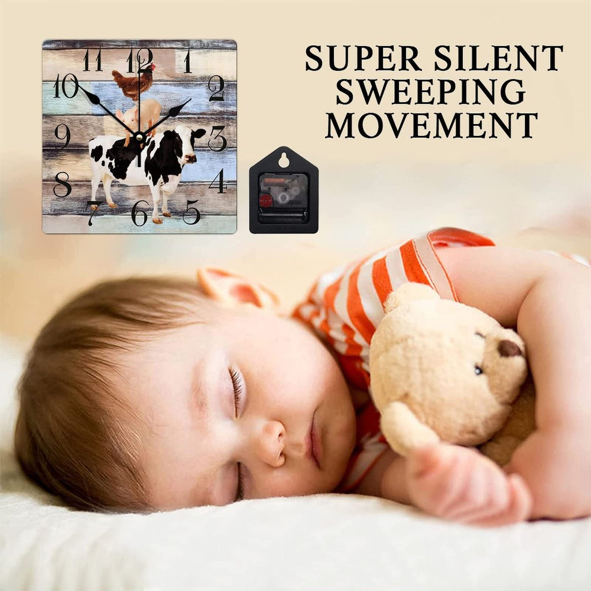 Wooden Wall Clock Farm Animal Cow Pig and Chicken 10 Inch Old Fashioned Square Wooden Wall Clock Digital Accurate Wood Clock for Bedroom Kitchen Wall Decor Home Decor Alioyoit