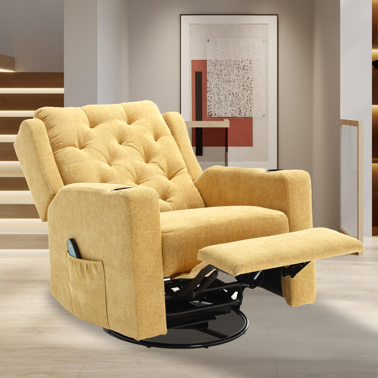 Comermax 330lbs Wide Seat Massage Swivel Rocker Recliners Oversized Yellow Manual Recliner Chairs with Cup Holders for Adults, Comfortable Reclining Rocking Glider Chair Comermax