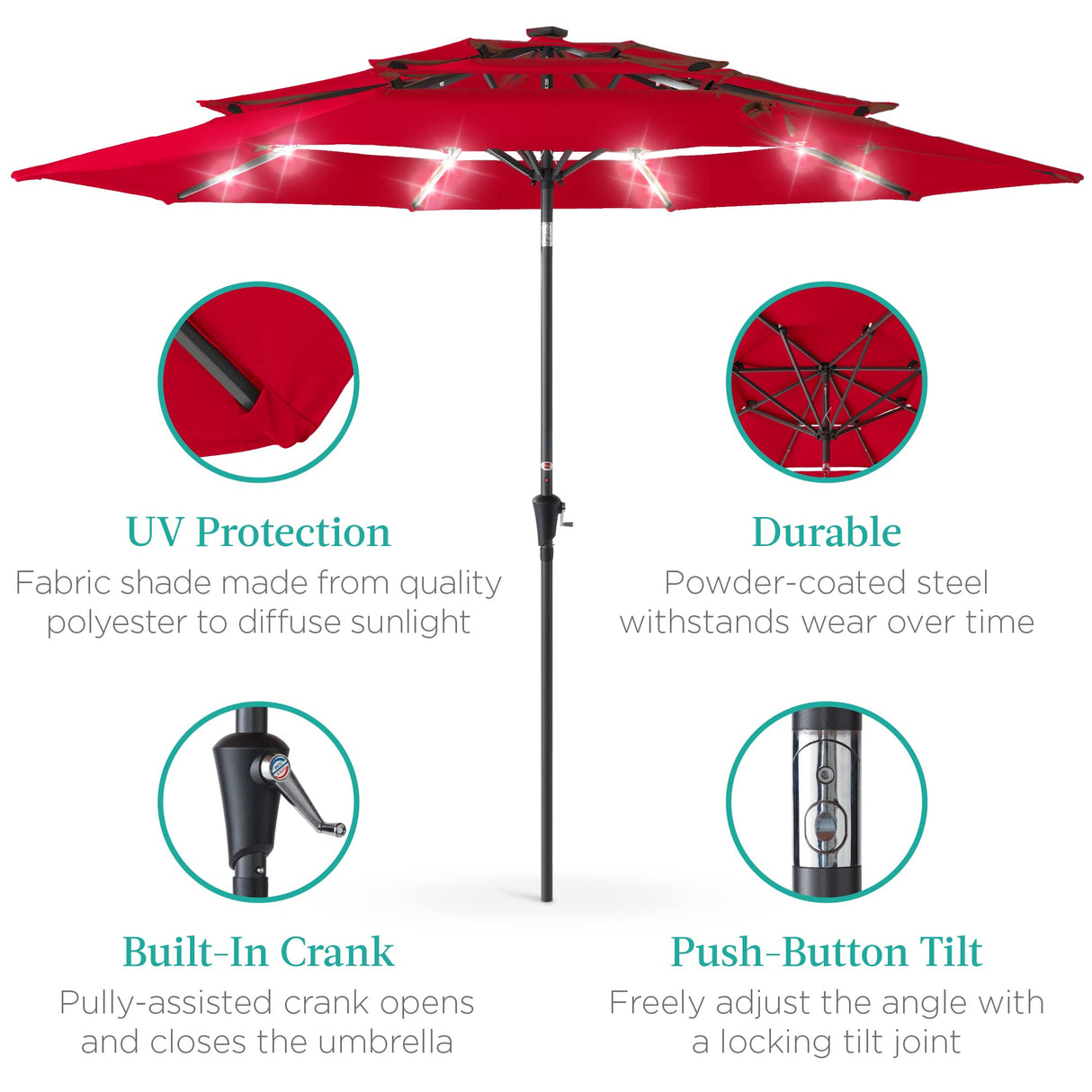 Best Choice Products 10ft 3-Tier Solar Patio Umbrella, Outdoor Market Sun Shade for Backyard, Deck, Poolside w/ 24 LED Lights, Tilt Adjustment, Easy Crank, 8 Ribs - Red Best Choice Products