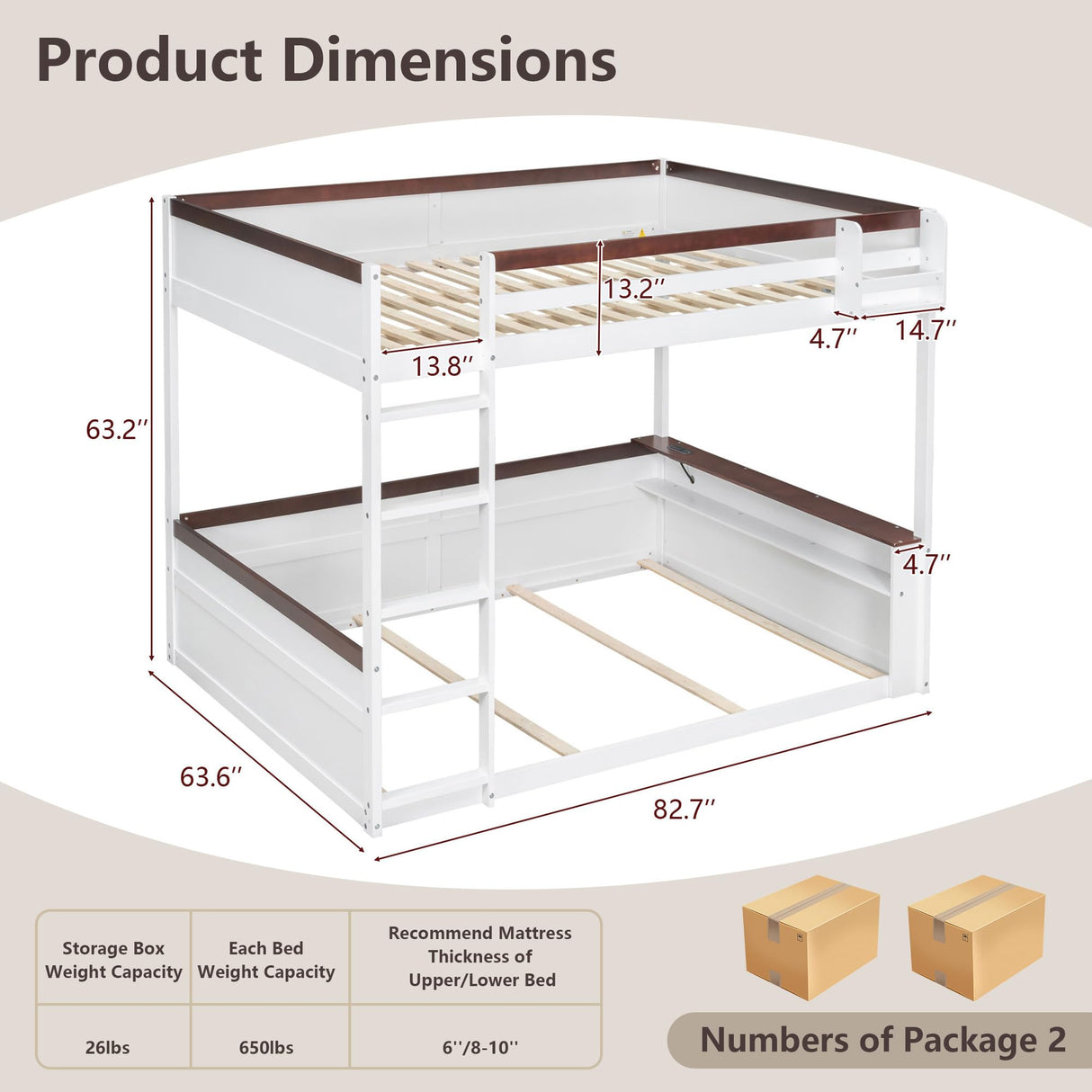 Harper & Bright Designs Low Bunk Bed with Storage Shelves, Wood Bunk Bed with USB Charging Station and LED Light, Queen Over Queen Bunk Beds for Adults, Kids, Teens, White Harper & Bright Designs